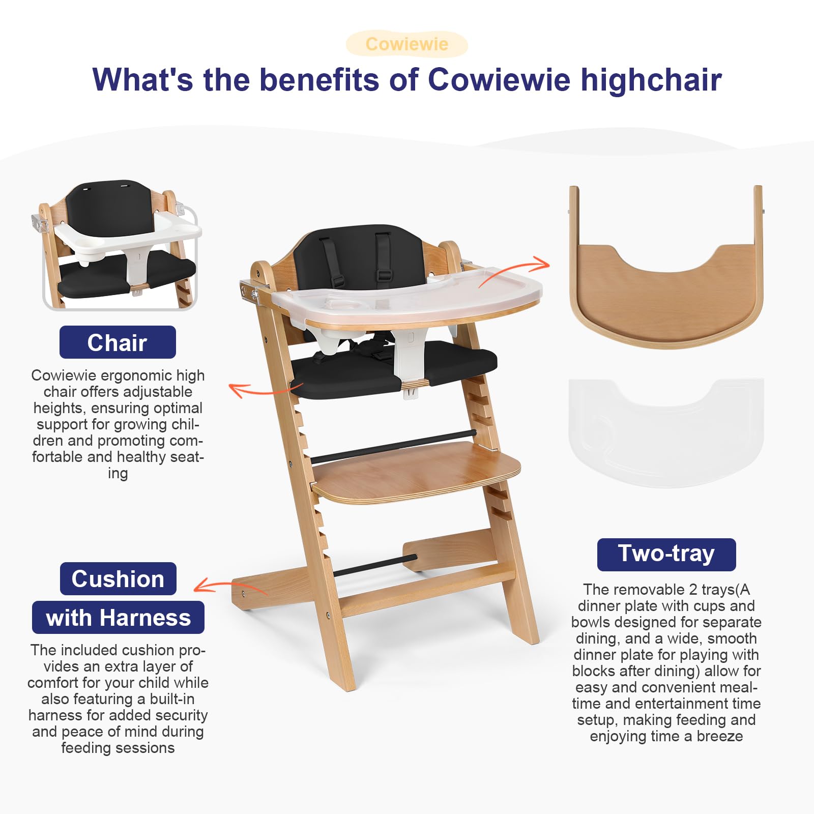 Cowiewie wooden high chair with cushioned seat offers comfortable, secure seating