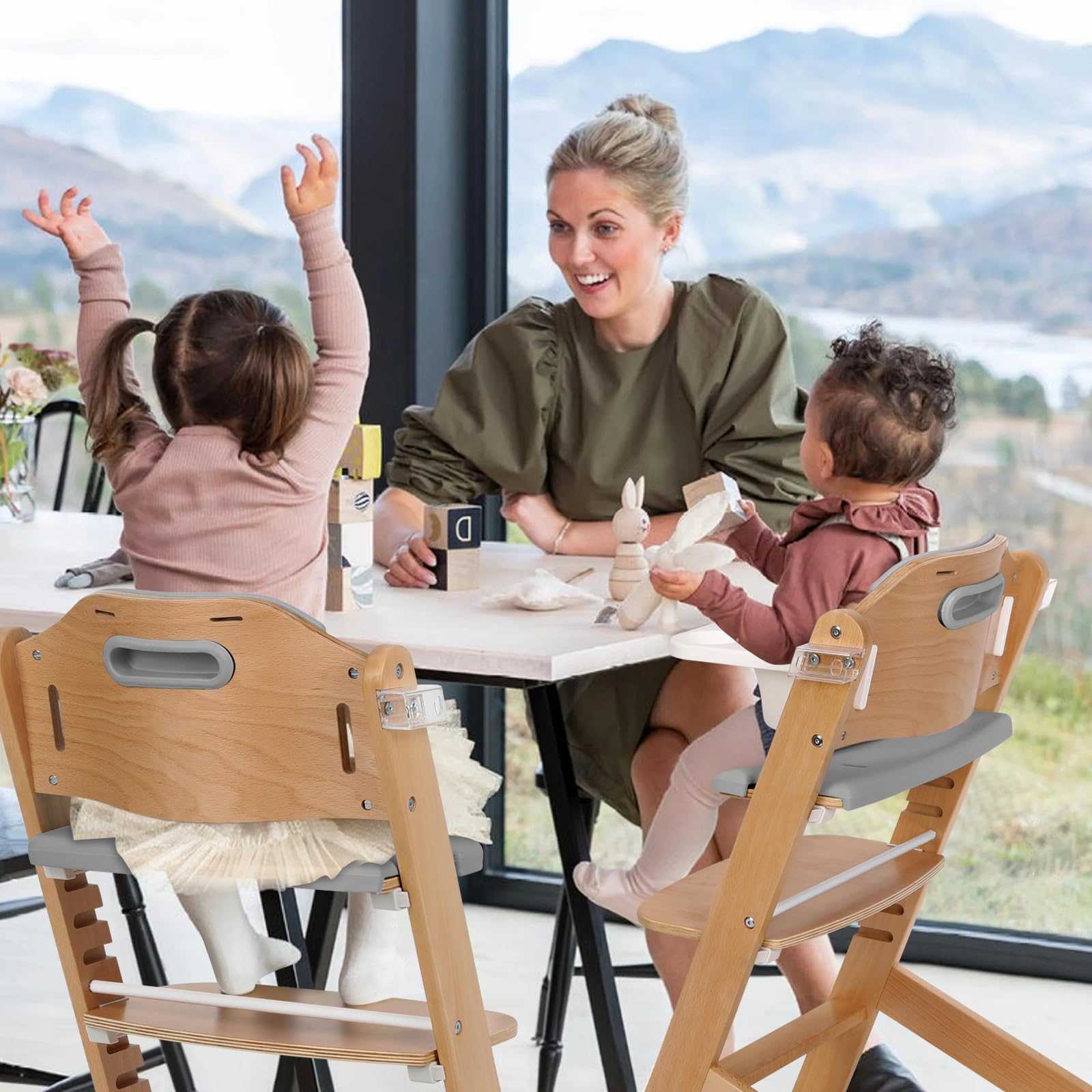Cowiewie wooden upper meal tray with two gear positions fits growing toddlers.