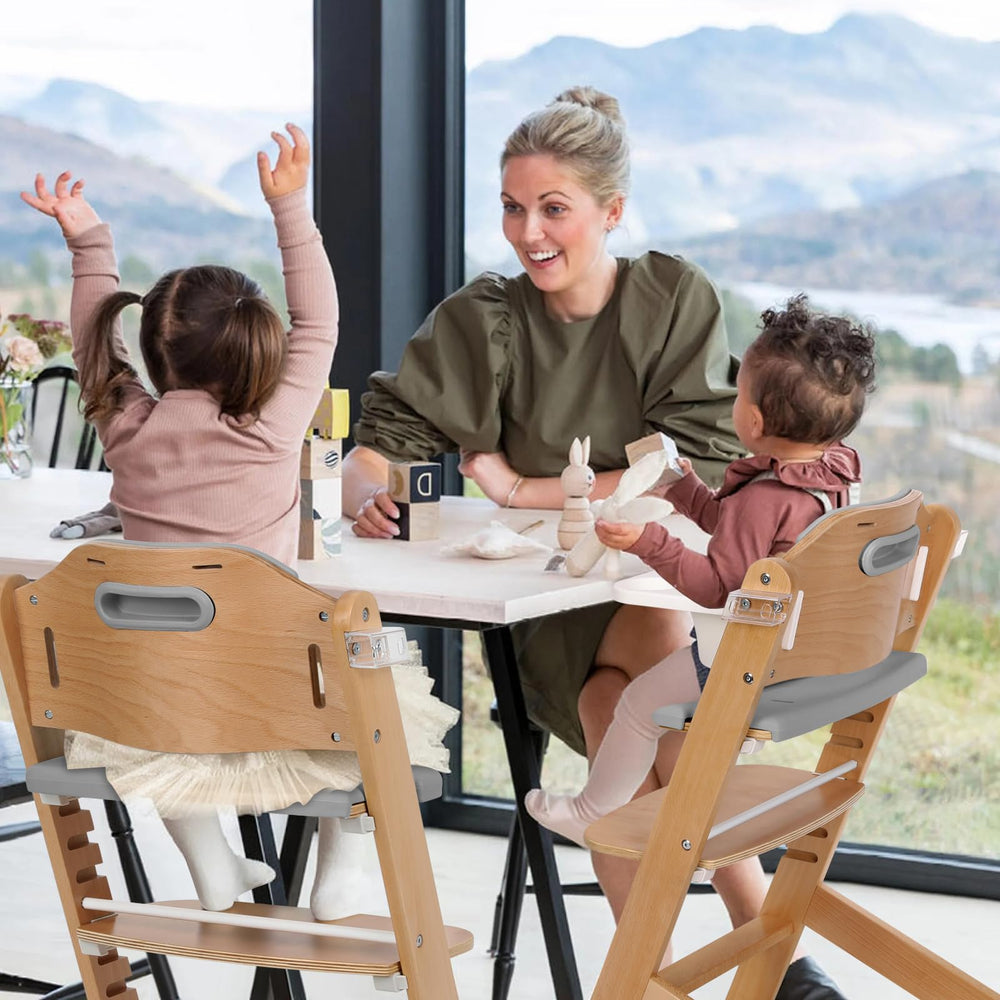 Cowiewie wooden upper meal tray with two gear positions fits growing toddlers.