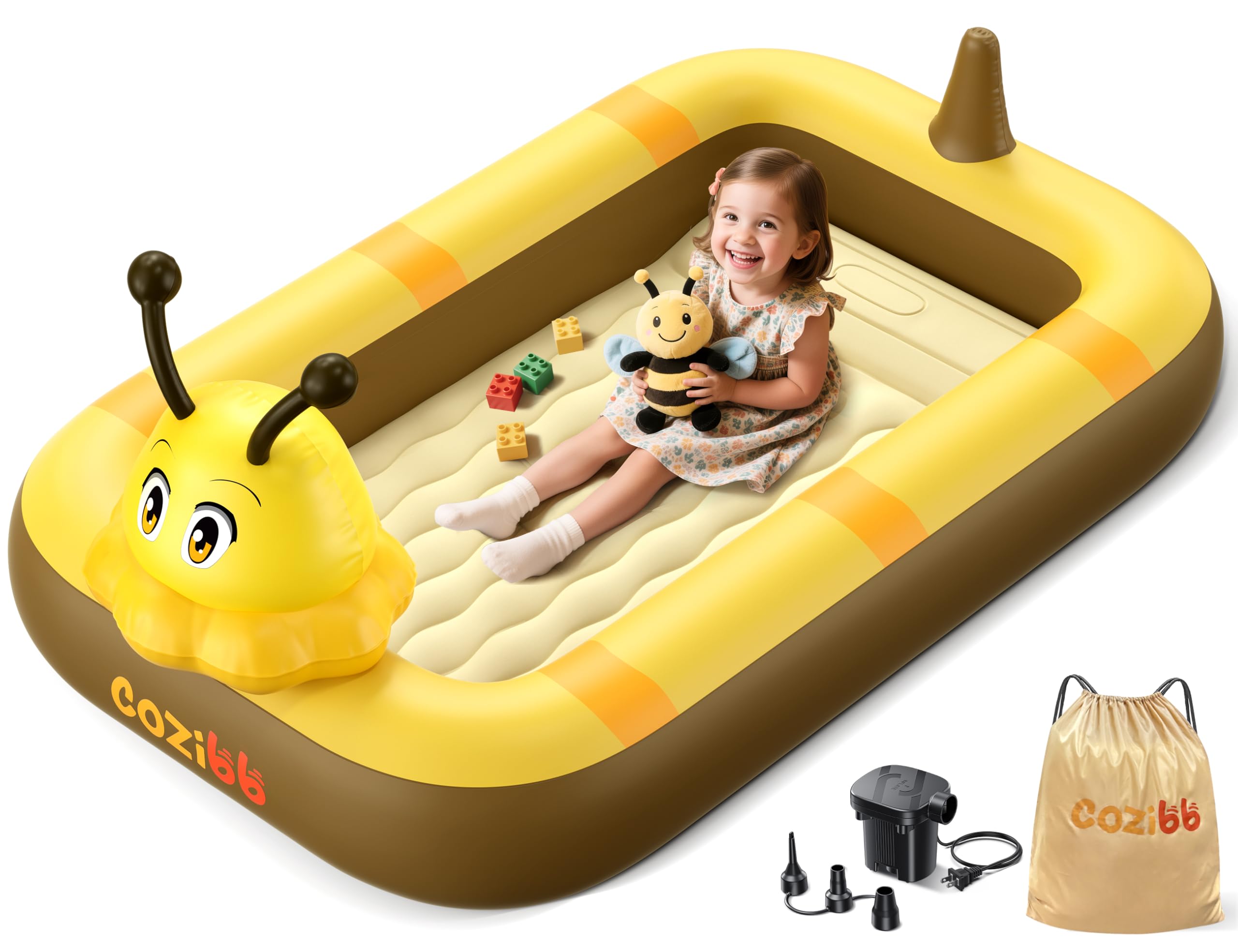 Cozibb inflatable toddler bed in bee theme provides secure sleep on the go