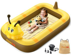 Cozibb inflatable toddler bed in bee theme provides secure sleep on the go