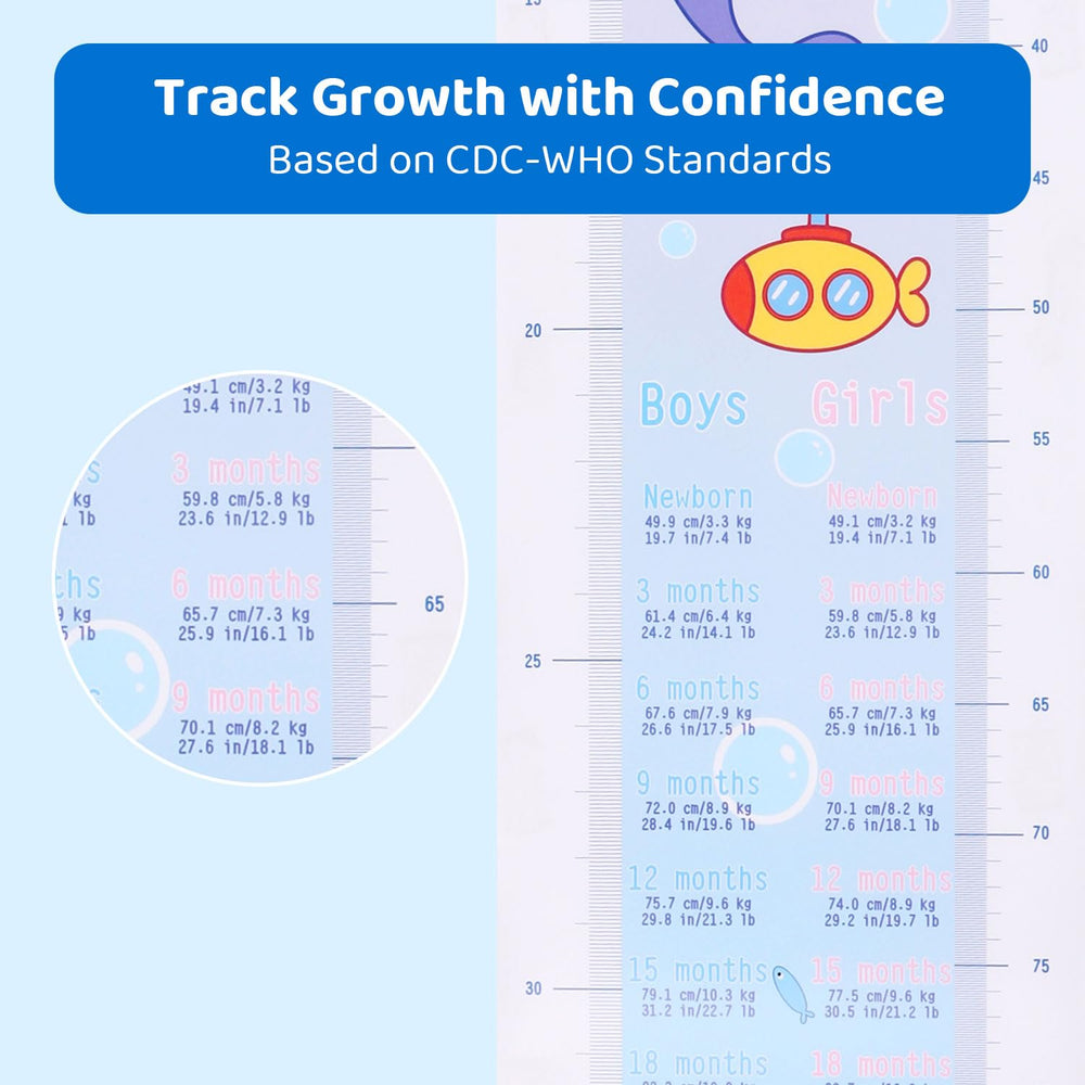 Cozibub growth chart displays dual scales for easy inches and centimeters readings
