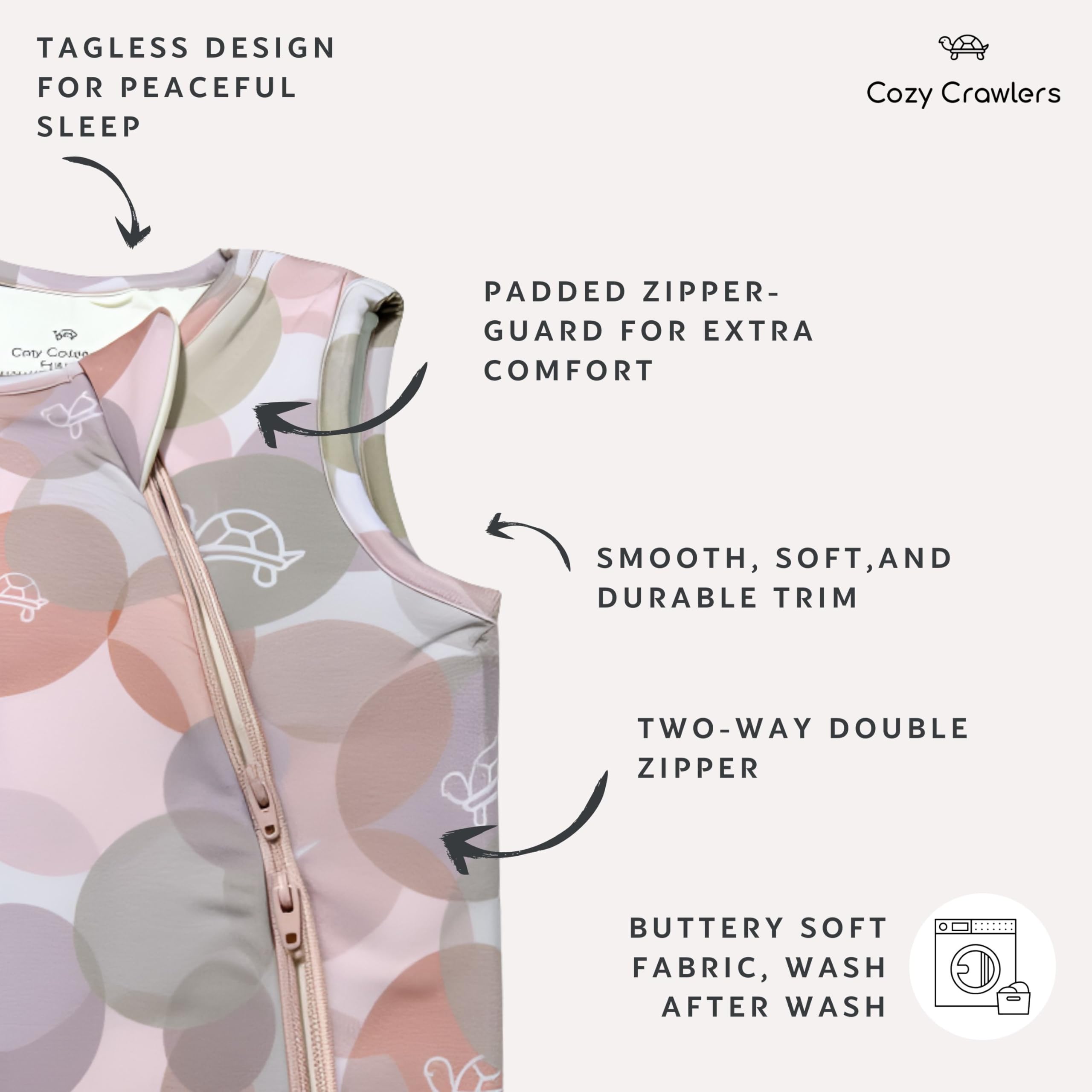 Cozy Crawlers tagless neckline and zipper guard for comfort