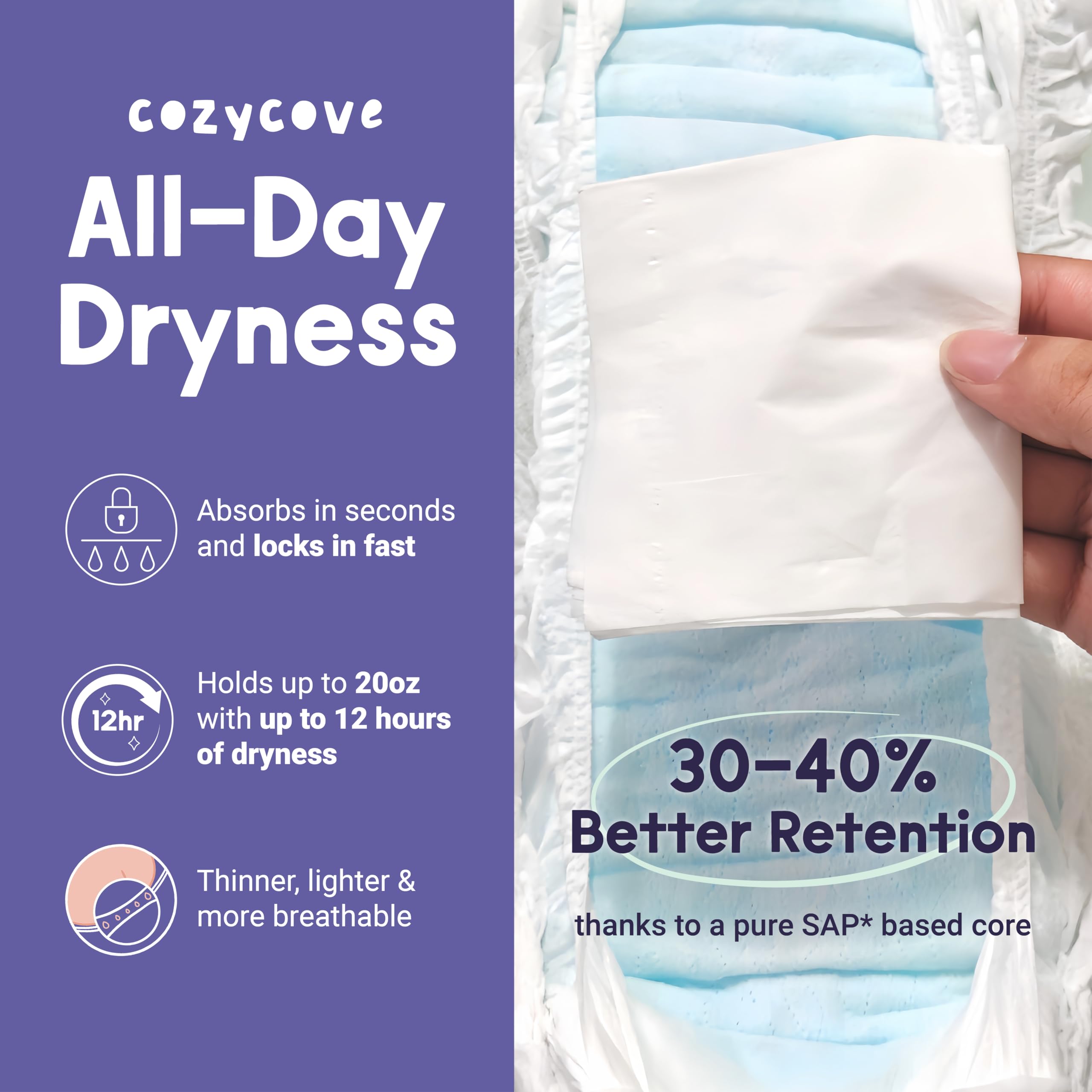Cozycove Pee-Lock Core shows absorbency and fast containment of liquids.