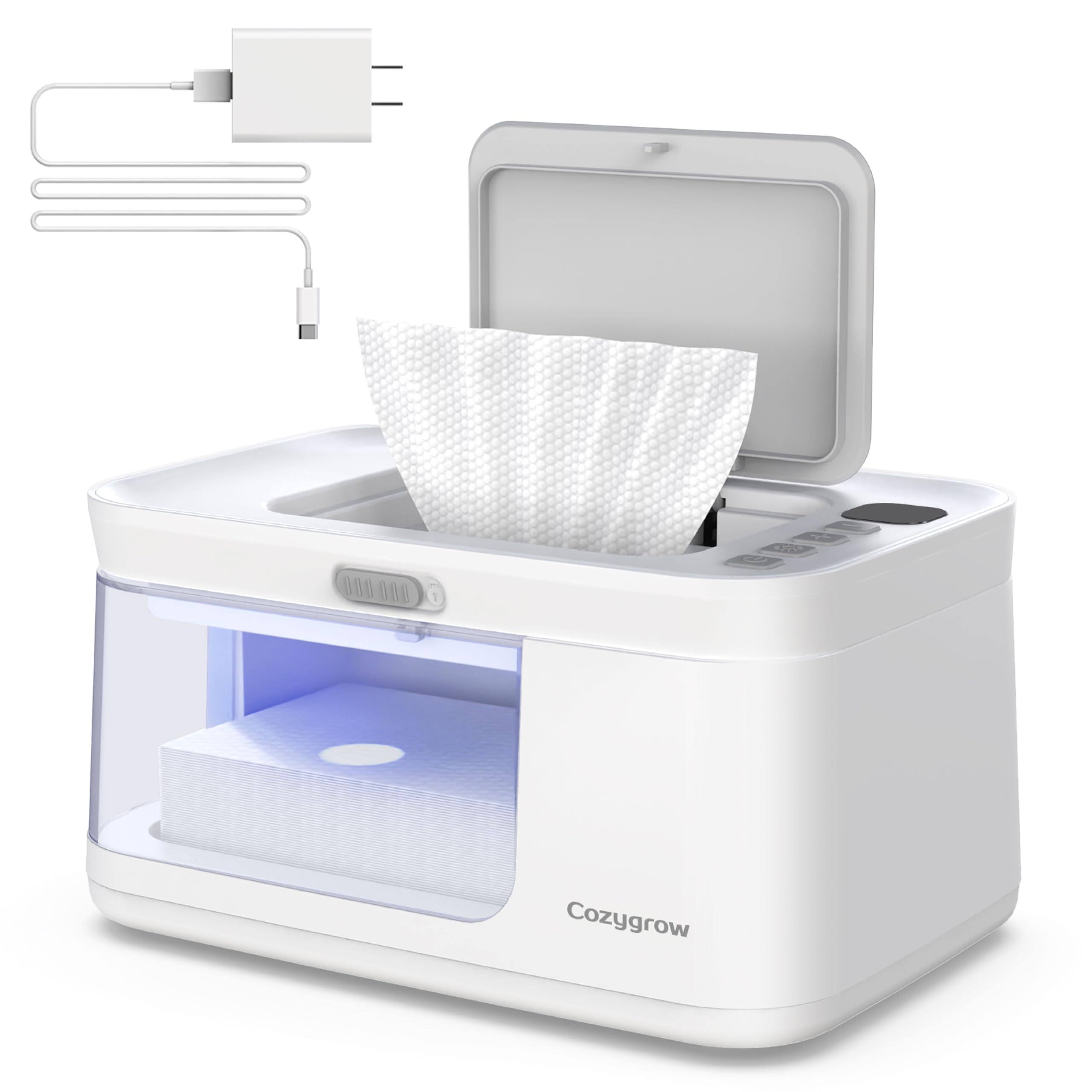 Cozygrow baby wipe warmer front view showing easy access to warm wipes.