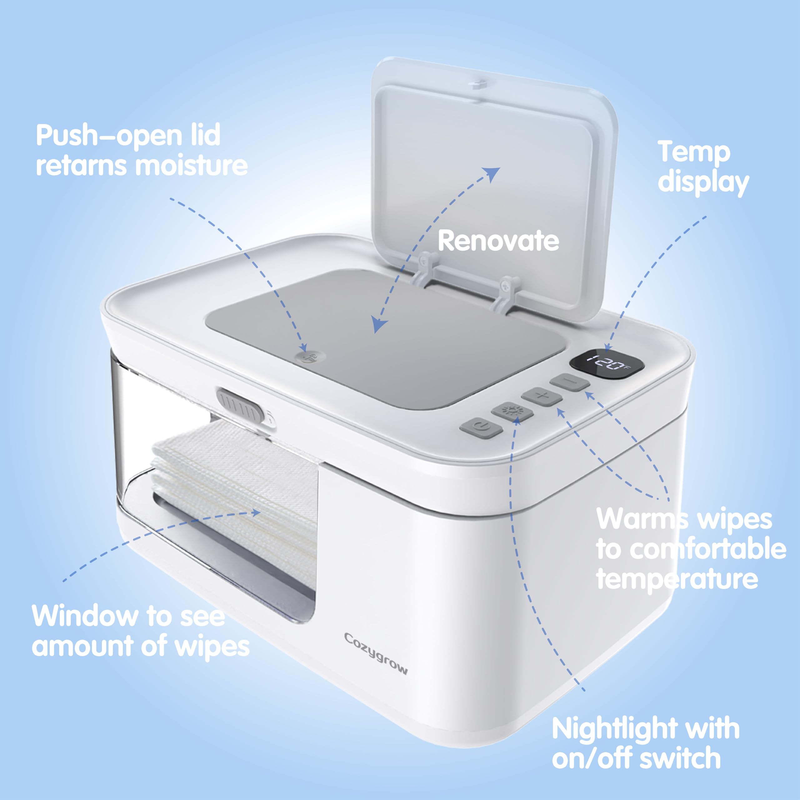 Cozygrow wipe warmer built-in LED night light for gentle night changes.