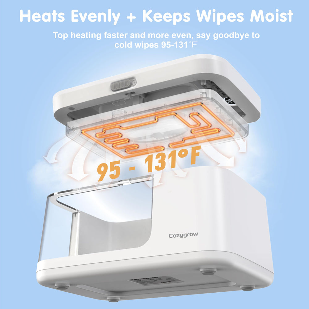 Cozygrow wipe warmer top heating design for quick warmth of upper wipes.