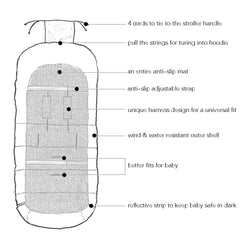 CozyMe footmuff's harness slots and reflective strip enhance safety in low light.