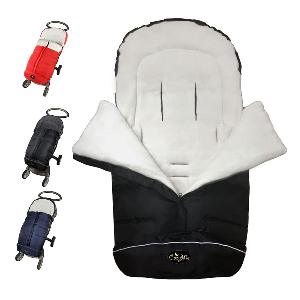 CozyMe winter stroller sleeping bag outer view showing weatherproof exterior for dry winter strolls.