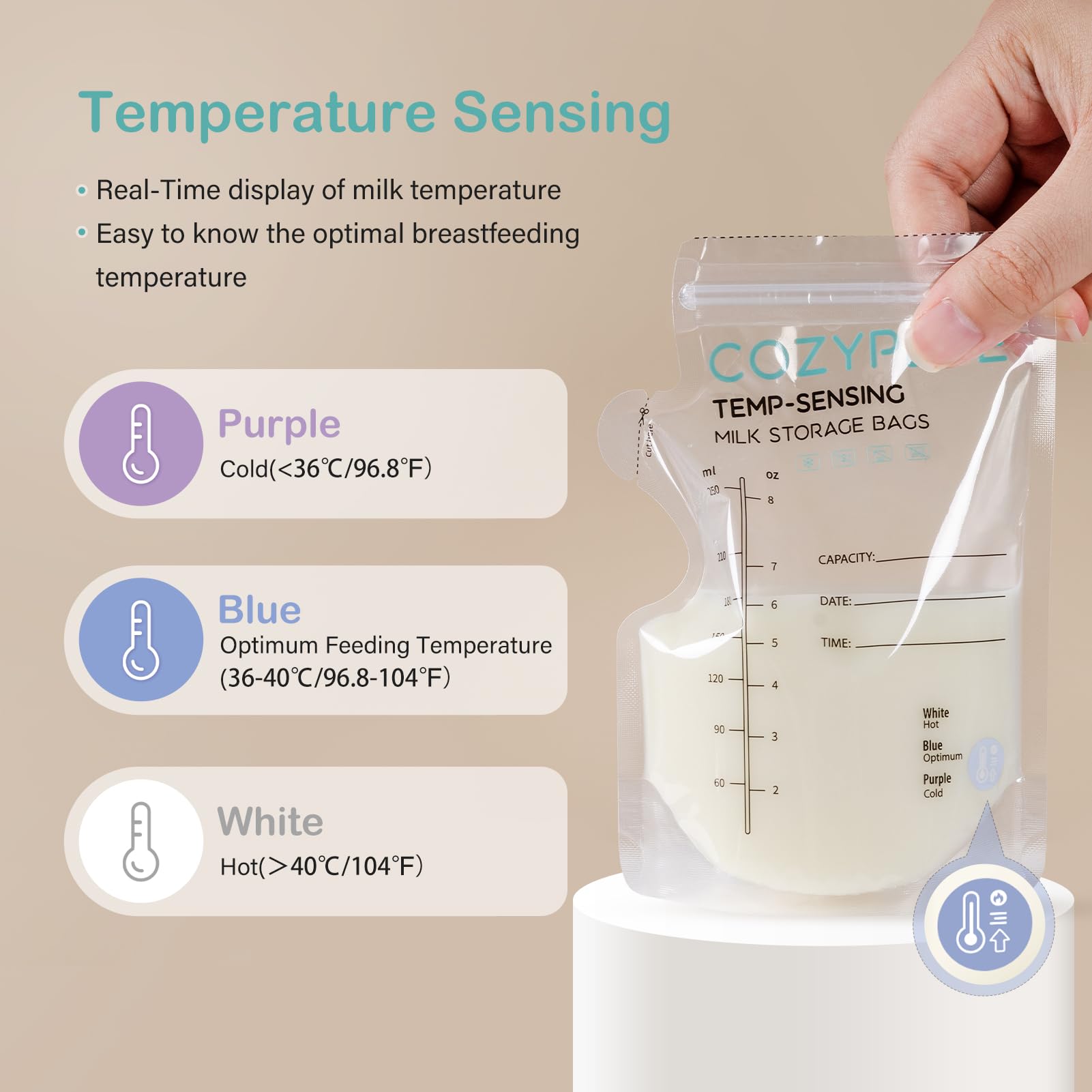 Cozypepe bag showing temperature color change for milk readiness