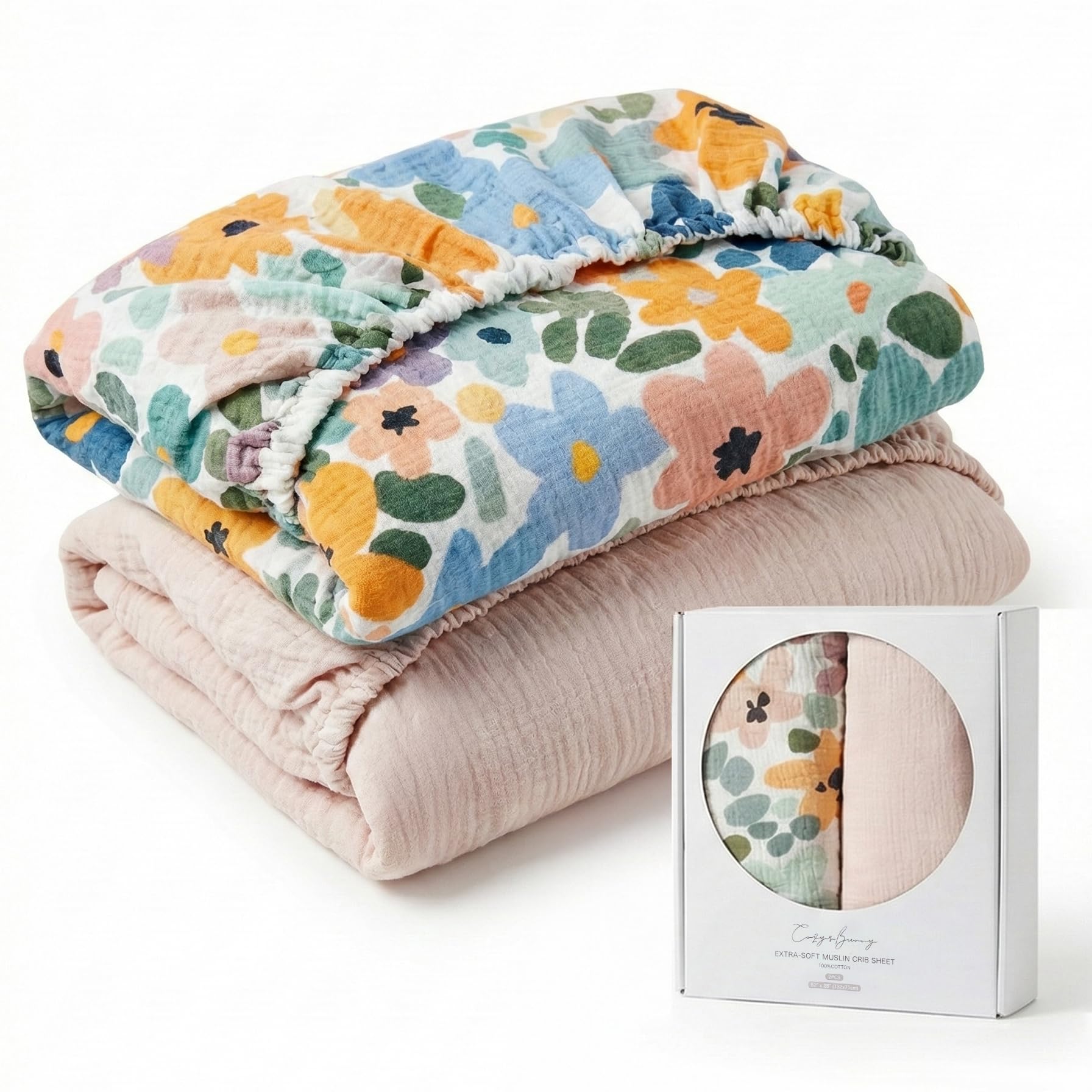 CozysBunny Muslin crib sheet with colorful flowers pattern offers soft, breathable comfort.