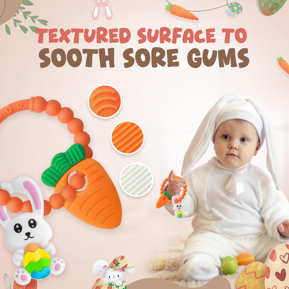 Cozzymore baby teether bunny shape for easy grip and teething relief on tiny hands.
