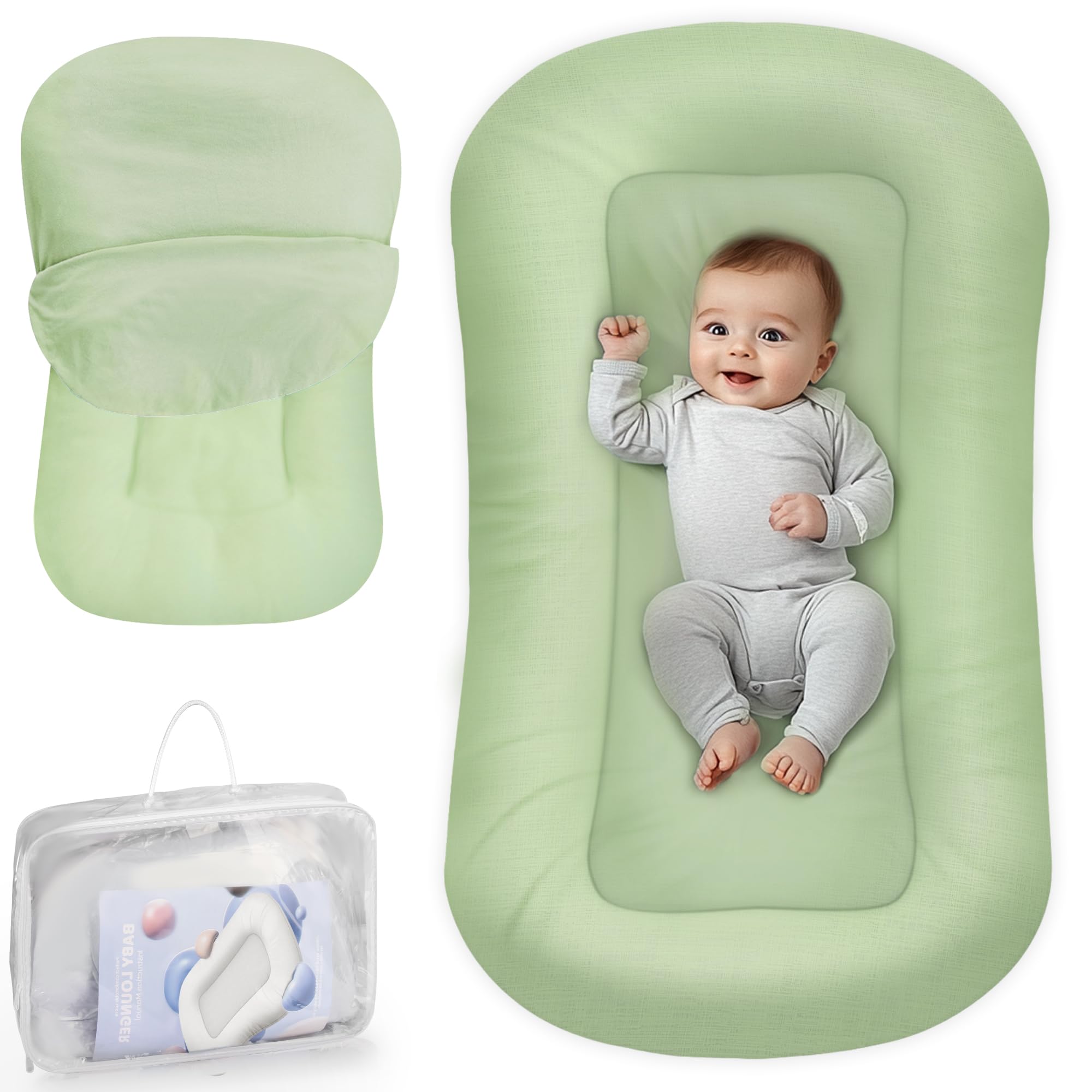 Cpzzkq baby lounger with green cover offers safe, cozy supervised play space.