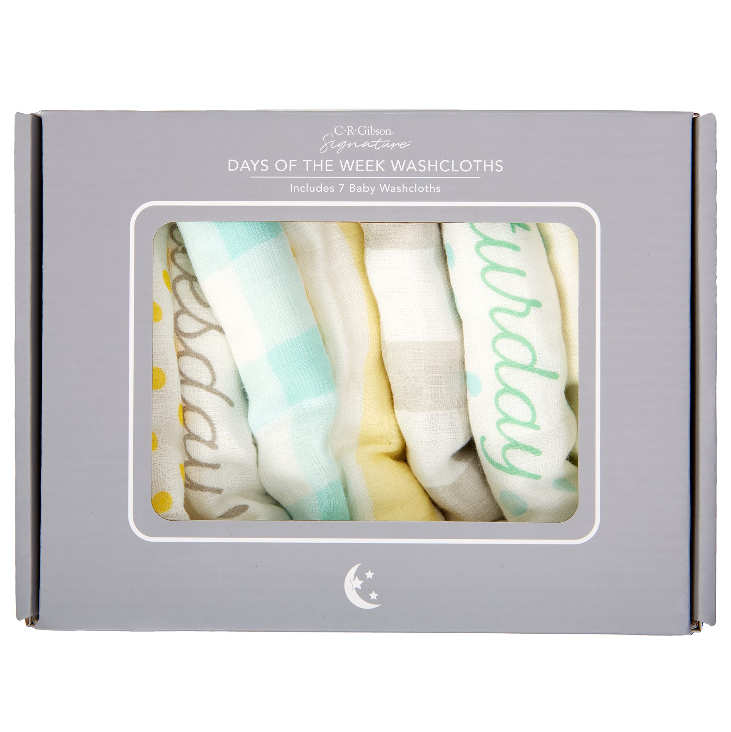 C.R. Gibson Woodland Colors Monday washcloths for newborn skincare routines.