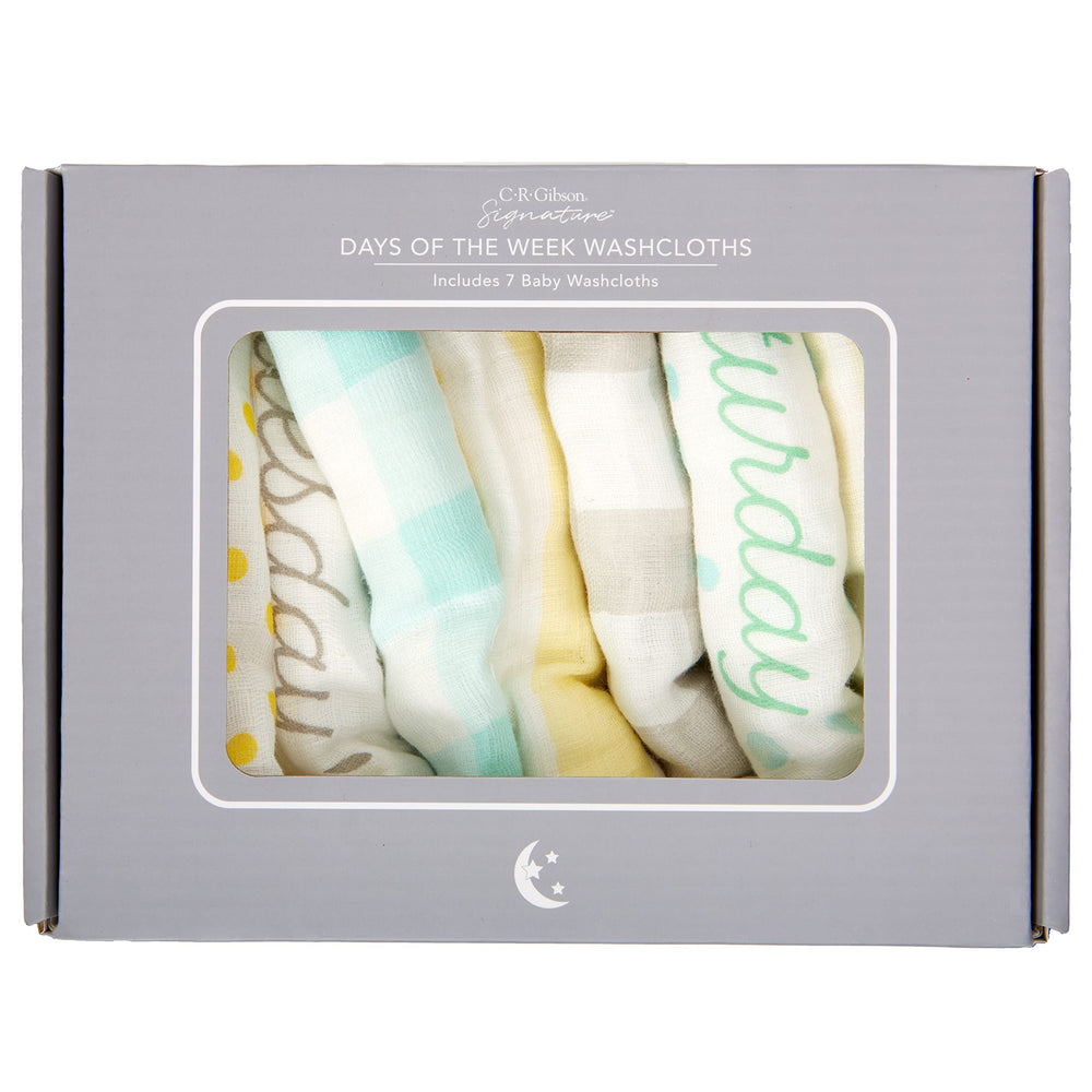 C.R. Gibson Woodland Colors Monday washcloths for newborn skincare routines.