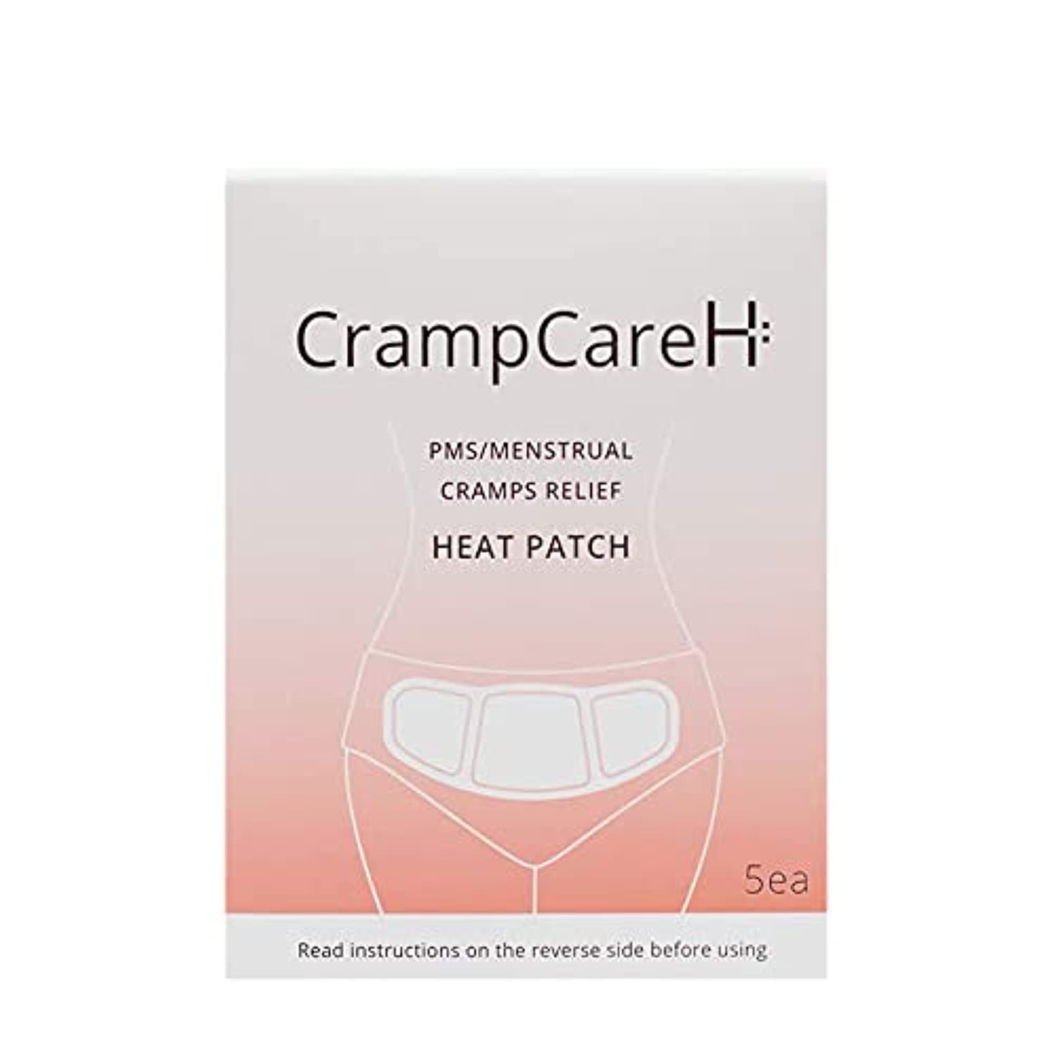 CrampCareH heat patch with wide wings applied to the lower abdomen for extended coverage.