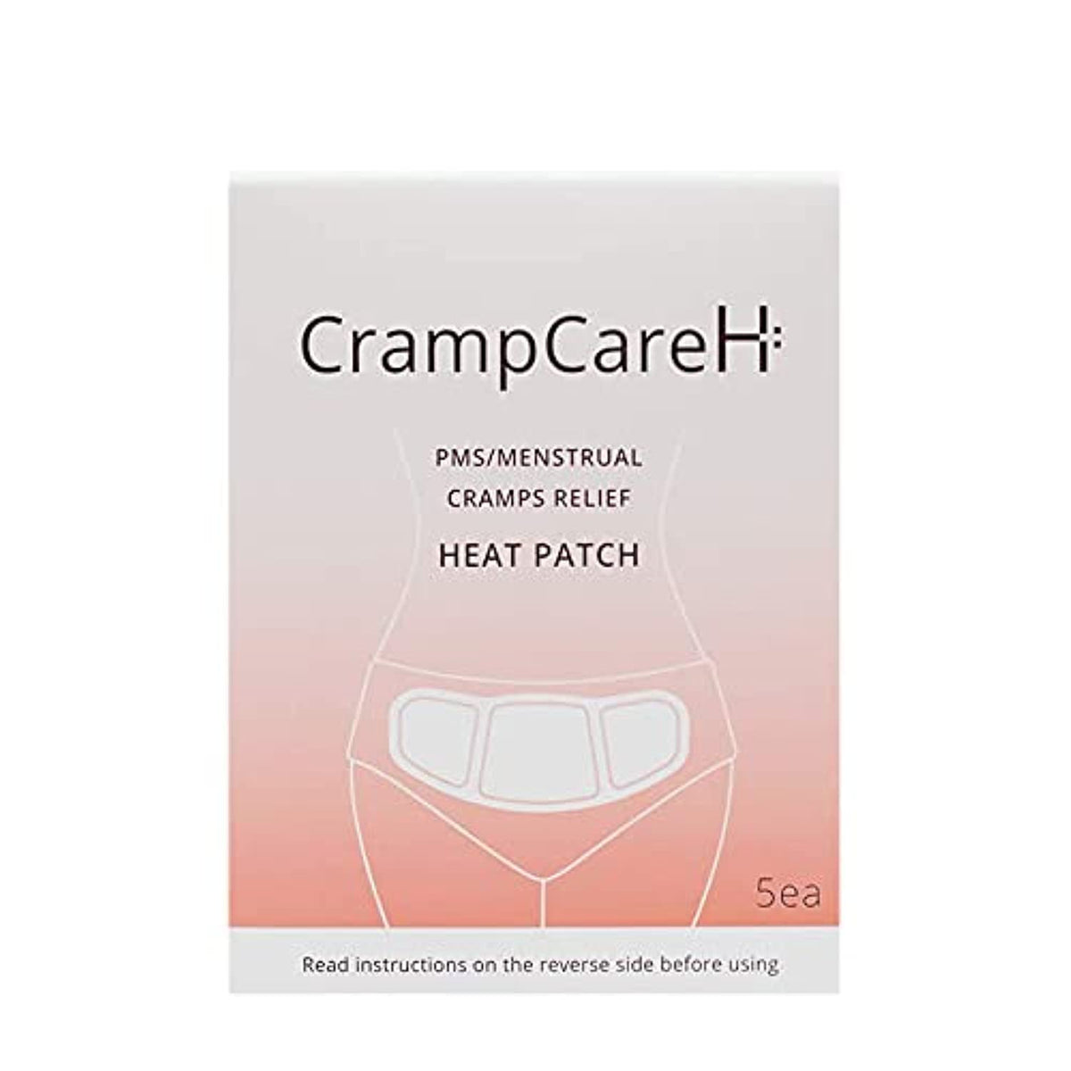 CrampCareH heat patch with wide wings applied to the lower abdomen for extended coverage.