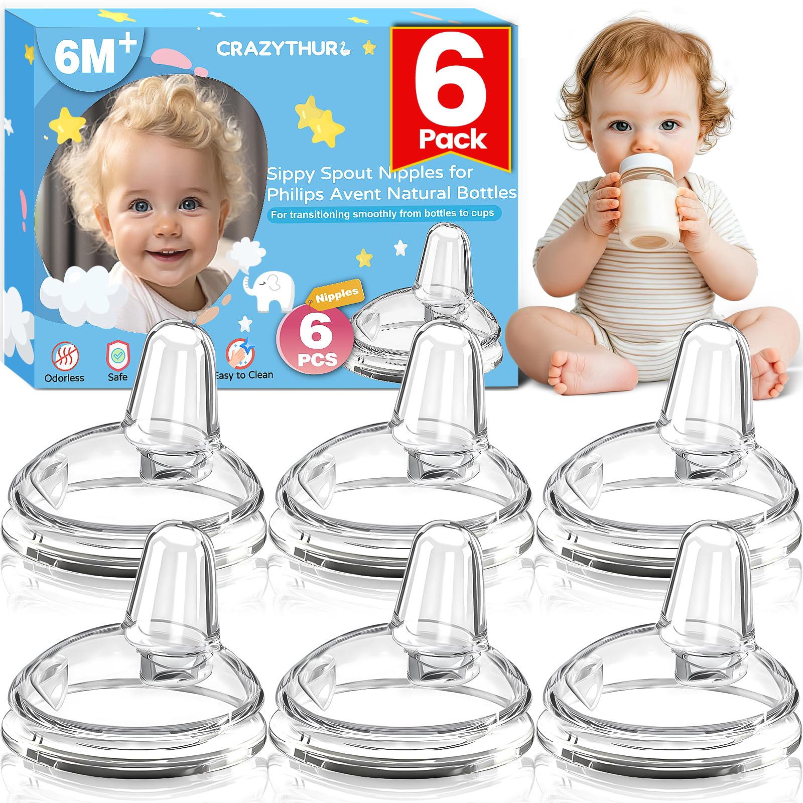 CRAZYTHUR sippy nipples six-pack front view, durable and easy to swap between bottles