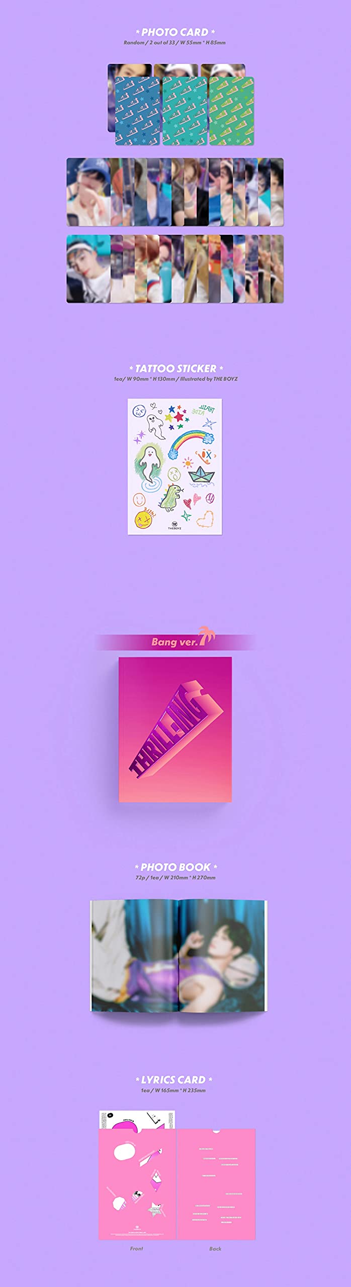 Cre.ker Entertainment The Boyz ThrillIng Kick Ver photo card array ready for display.