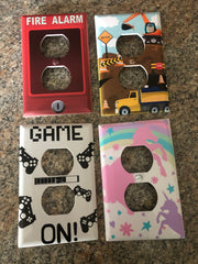 Create-A-Mural construction-truck outlet plate fits 3x5 switches for a themed nursery or playroom.