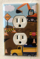 Create-A-Mural construction-truck outlet switch plate enhances kid-friendly rooms with durable, wipe-clean design.