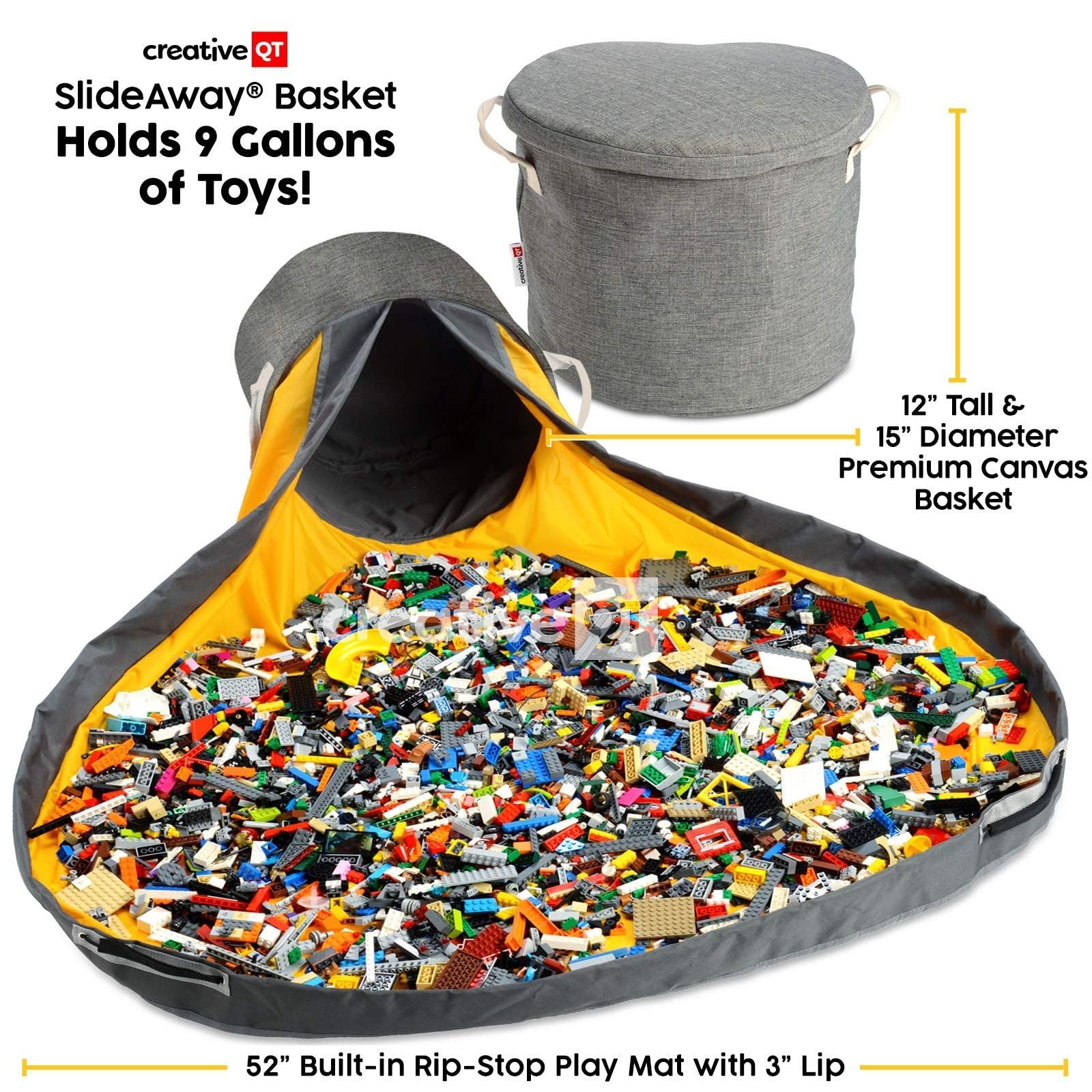 Creative QT SlideAway collapsible bin with drawstring keeps small bricks organized