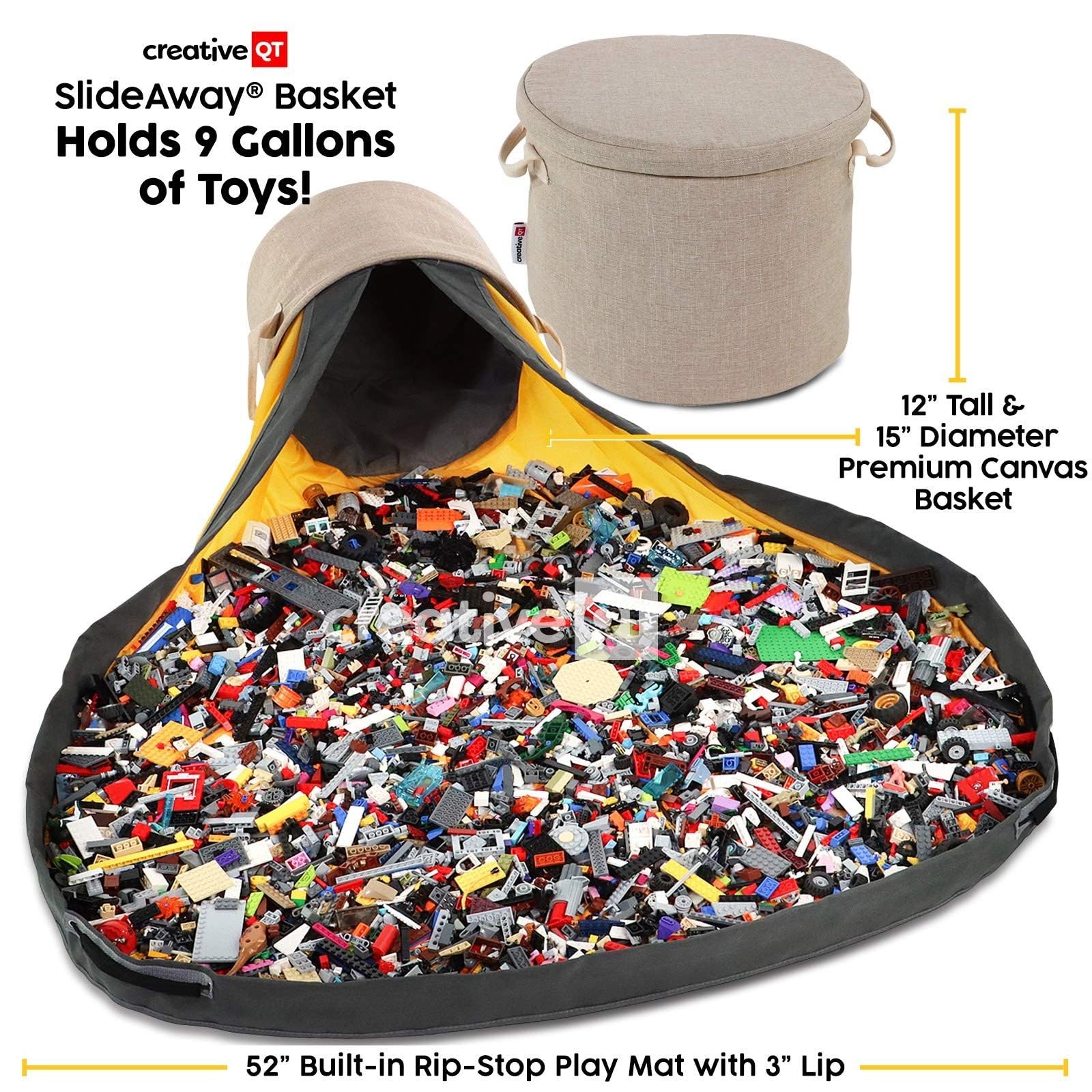 Creative QT SlideAway collapsible bins store bricks and toys neatly.