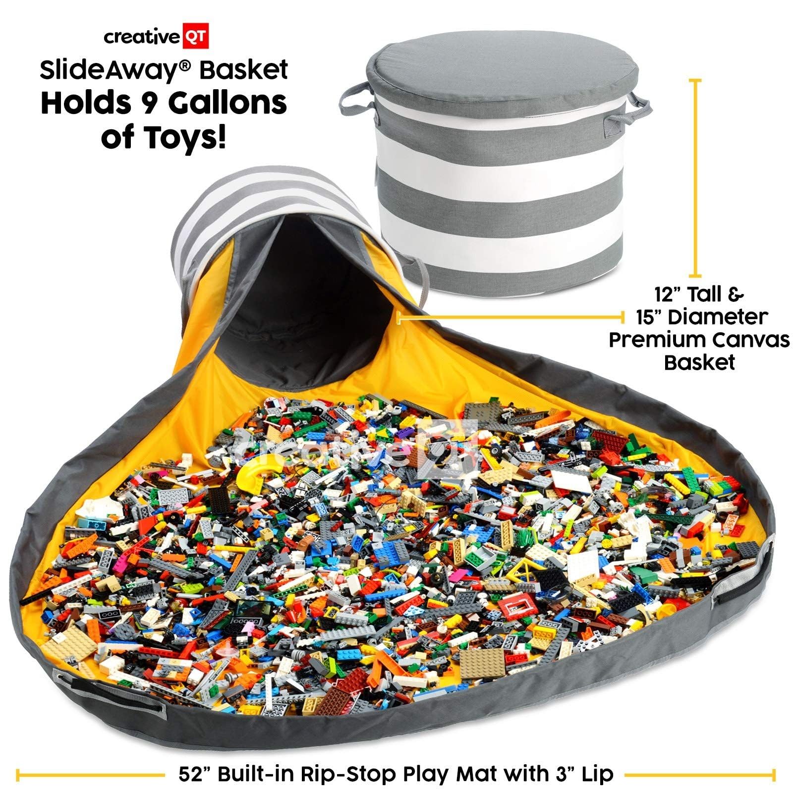 Creative QT SlideAway drawstring cleanup enables fast tidying after play.