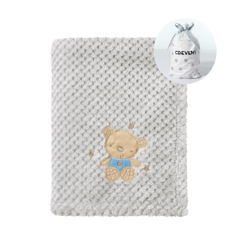 CREVENT baby blanket gray bear close-up showing soft plush texture for cozy snuggles.