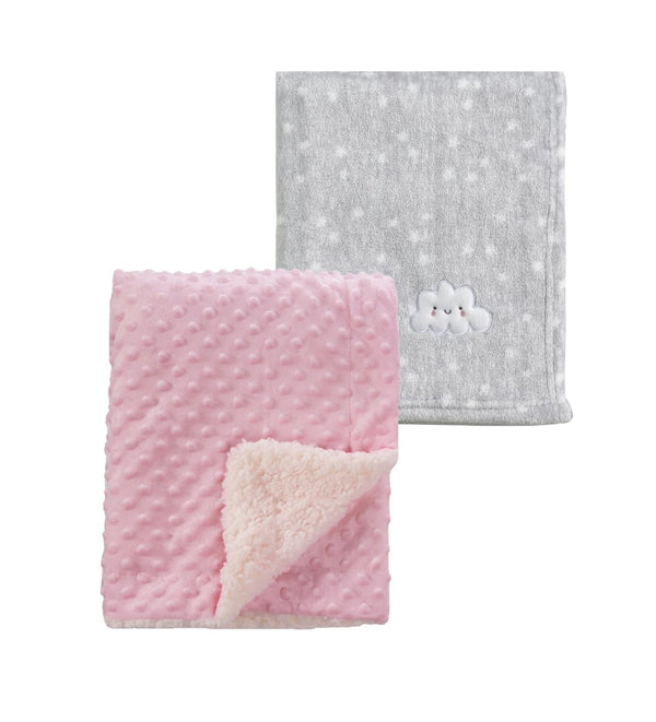 CREVENT baby blanket in grey cloud and pink sherpa, ideal for swaddling and naps.
