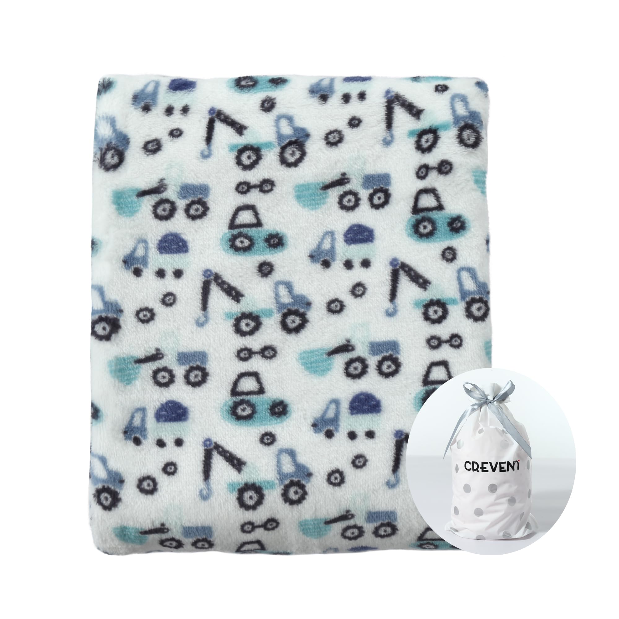 CREVENT blanket front view with blue truck pattern offers cozy warmth for baby