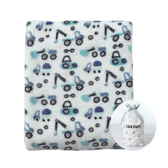 CREVENT blanket front view with blue truck pattern offers cozy warmth for baby