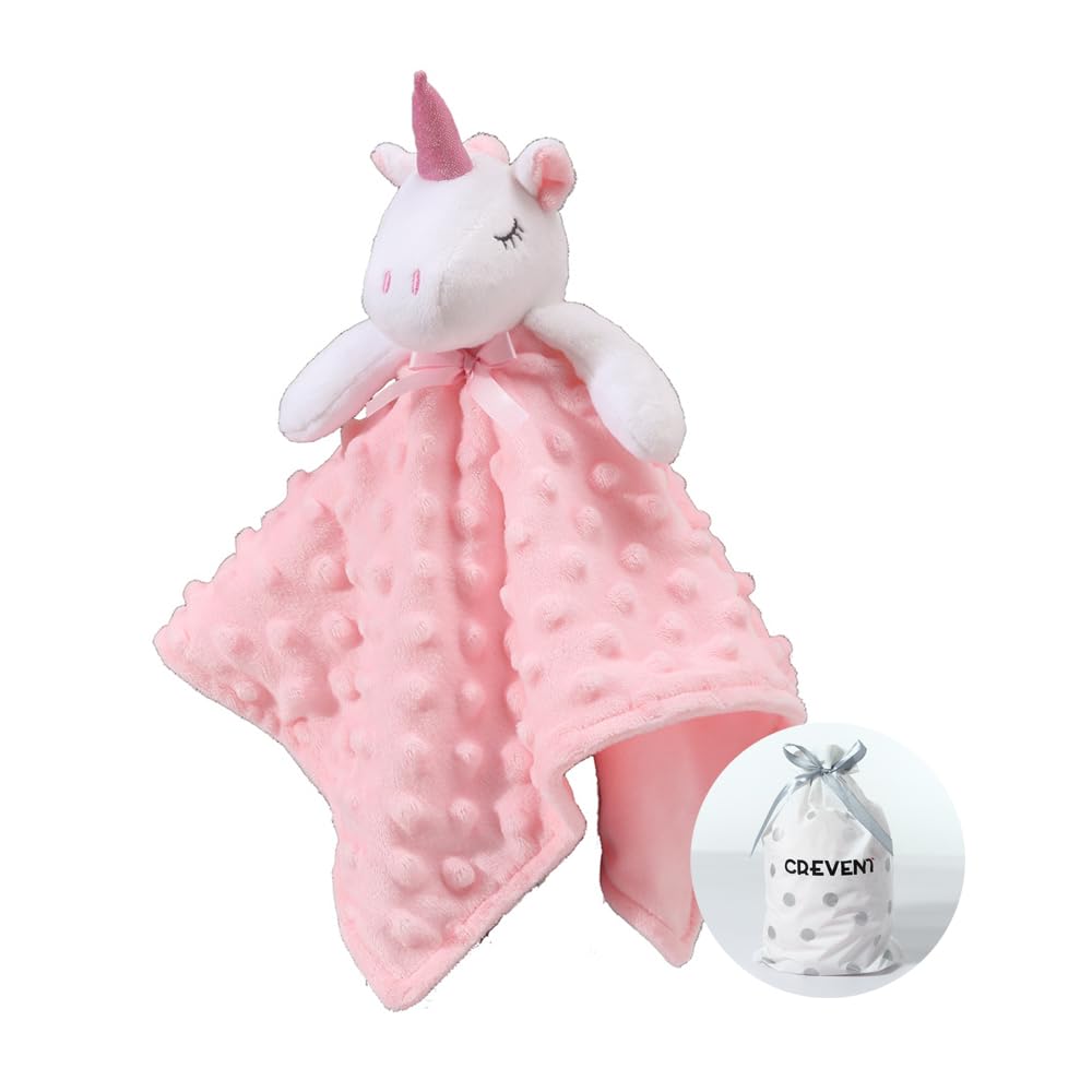 CREVENT cozy plush blanket with unicorn face in pink, ideal for comforting babies.