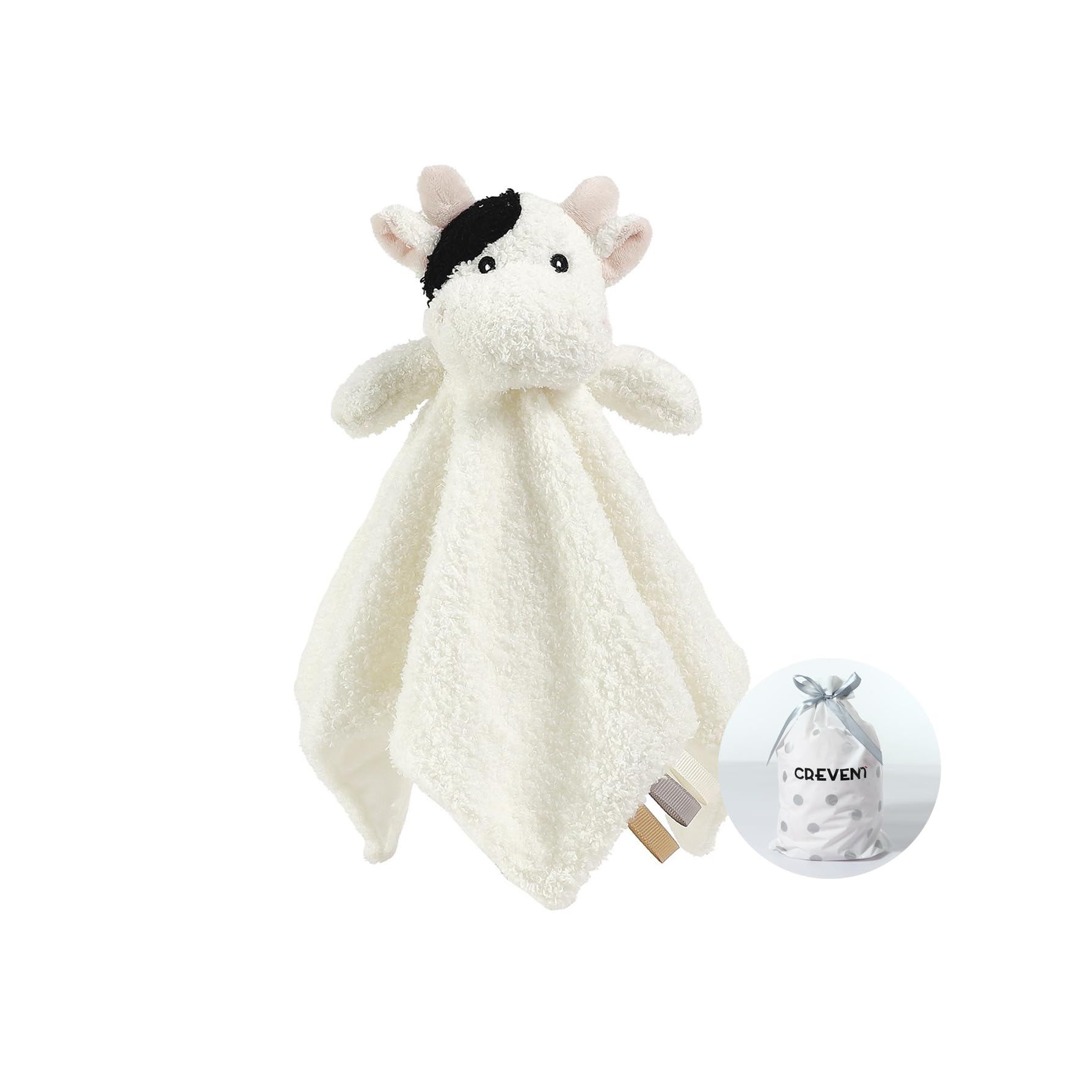 CREVENT Cozy Plush Cow head close-up for comforting tactile play