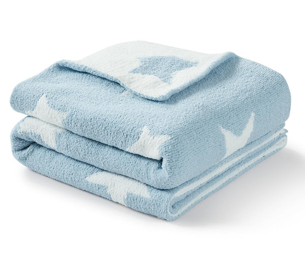 CREVENT Cozy Soft Chenille Baby Blanket Blue Star folded for display; gentle warmth for baby