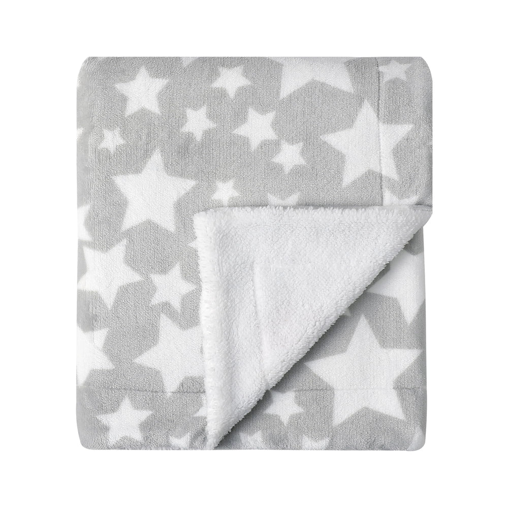 CREVENT Star Grey blanket laid flat, dual-layer warmth for baby comfort.