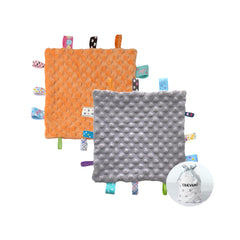 CREVENT tag security blanket for babies, front view in grey and orange, soothing touch and grip