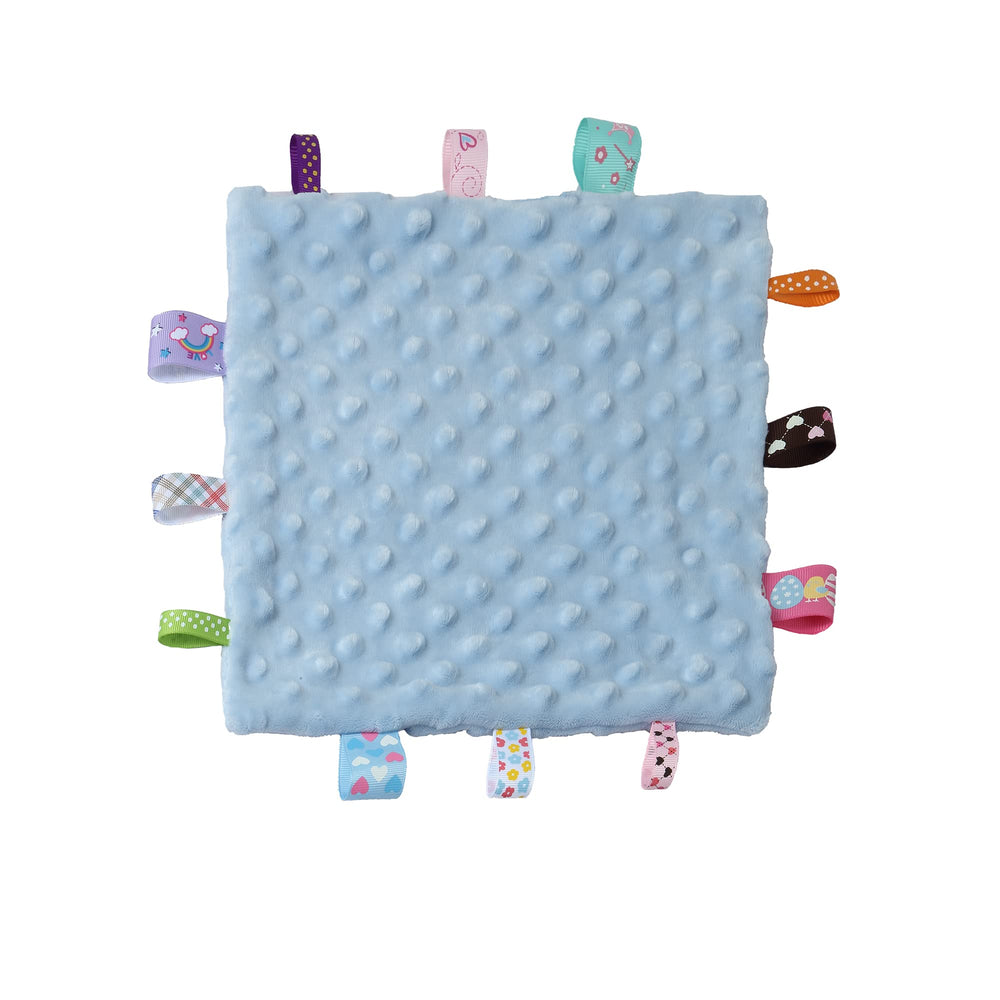 CREVENT Tag Security Blanket in blue tag offers soothing comfort with soft minky fabric.