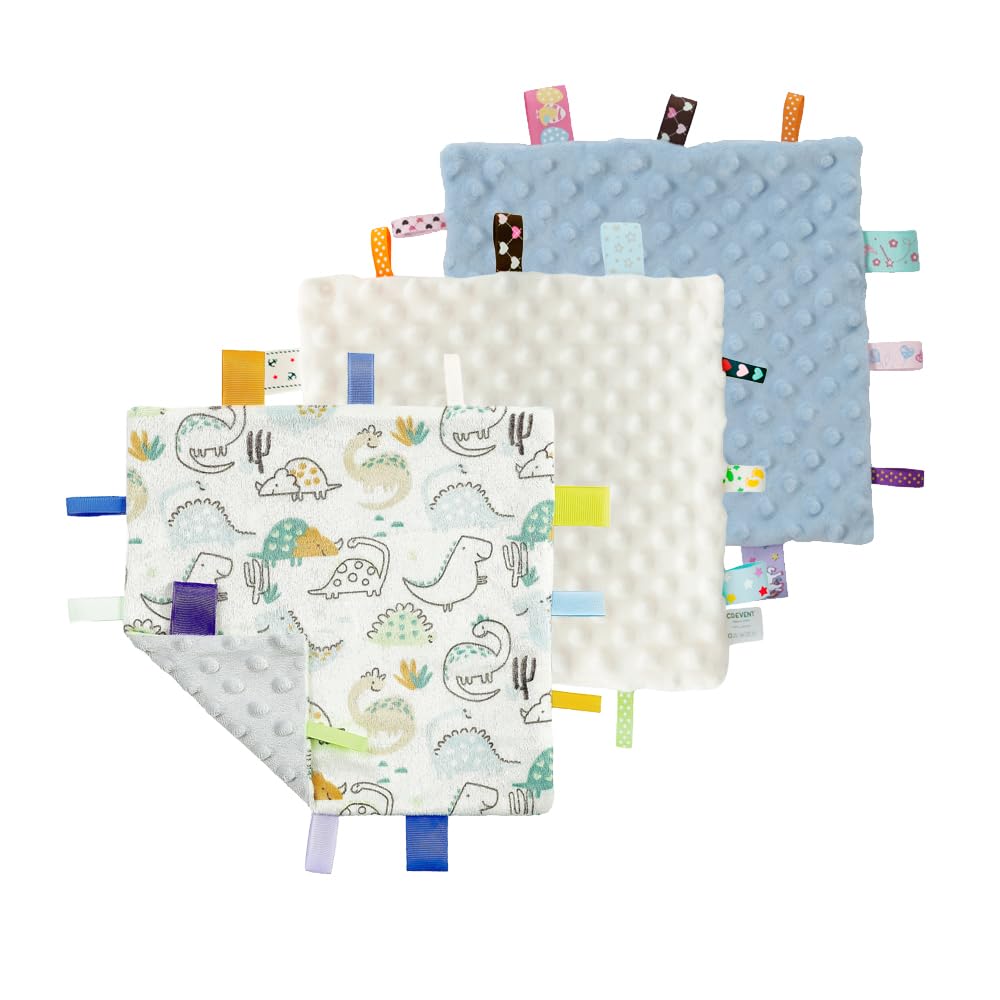 CREVENT tag security blanket with dinosaur design boosts baby comfort in blue and ivory.