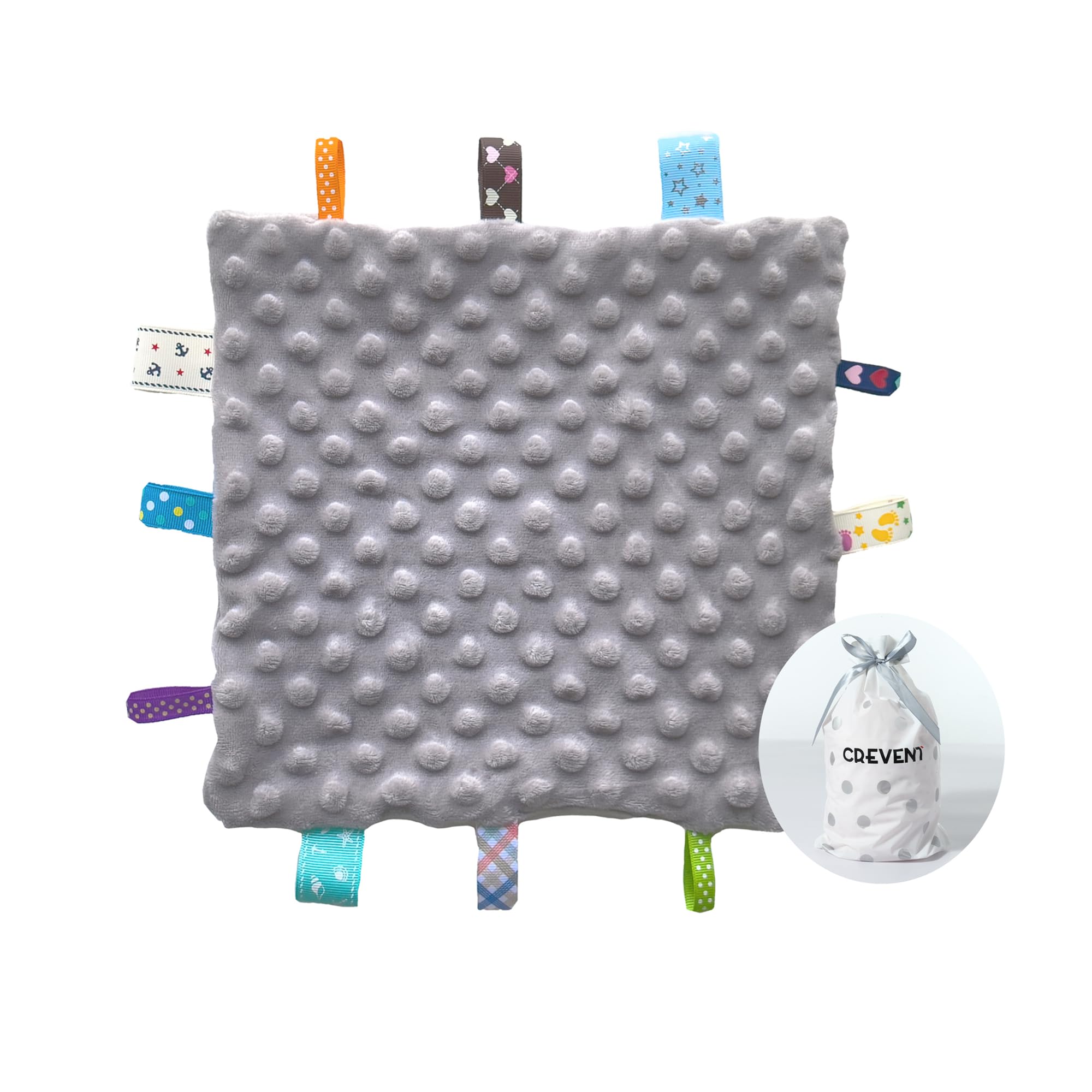 CREVENT Tag Security Blanket Grey front view with soft Minky dots for comforting babies.