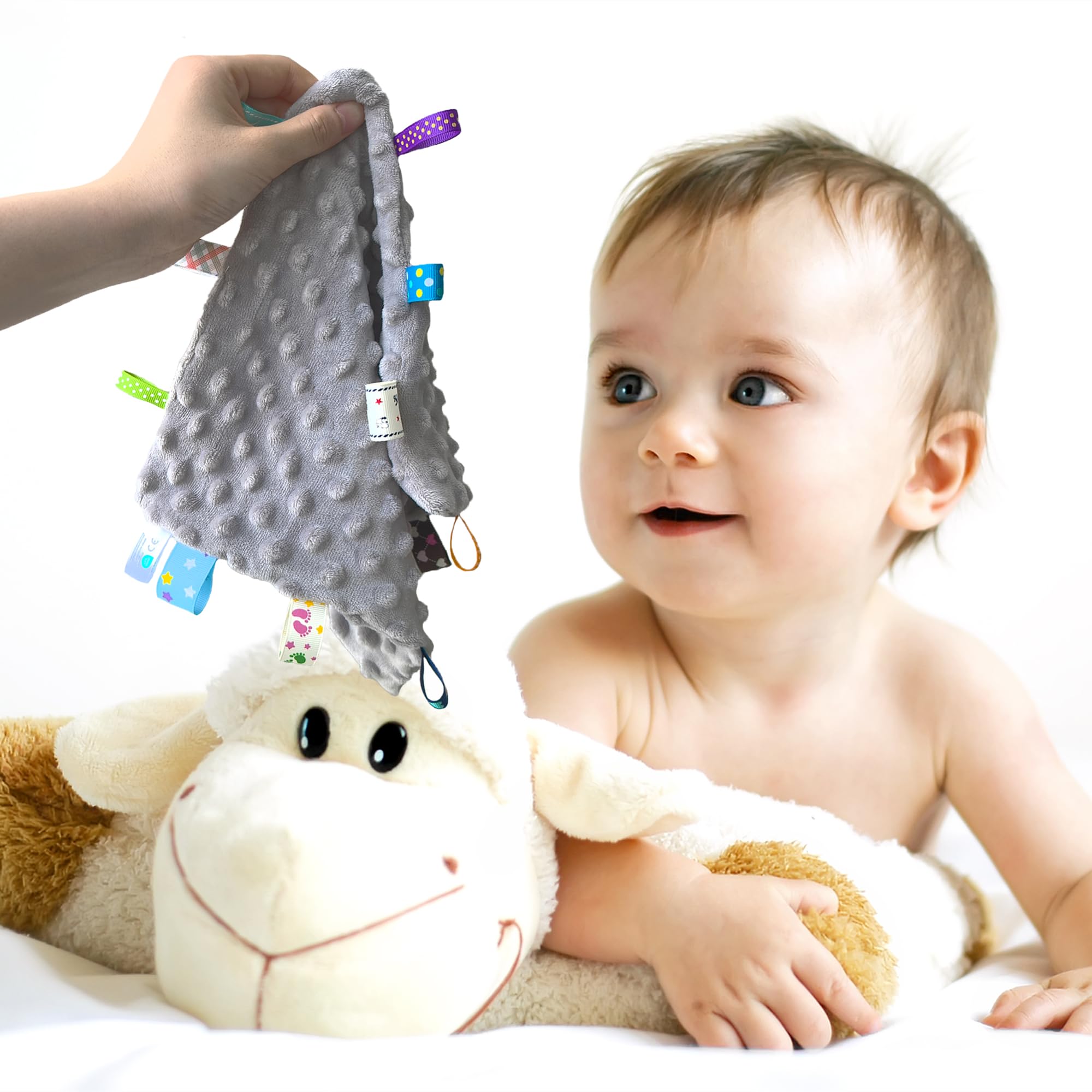 CREVENT Tag Security Blanket Grey close-up showing embroidered taggies for safe baby interaction.