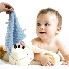CREVENT blanket close-up reveals taggies to encourage self-soothing and playtime.