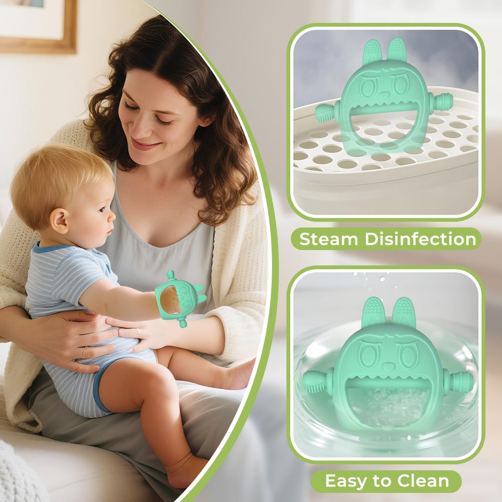 Criamolo adjustable strap keeps teething items secure and off the floor.