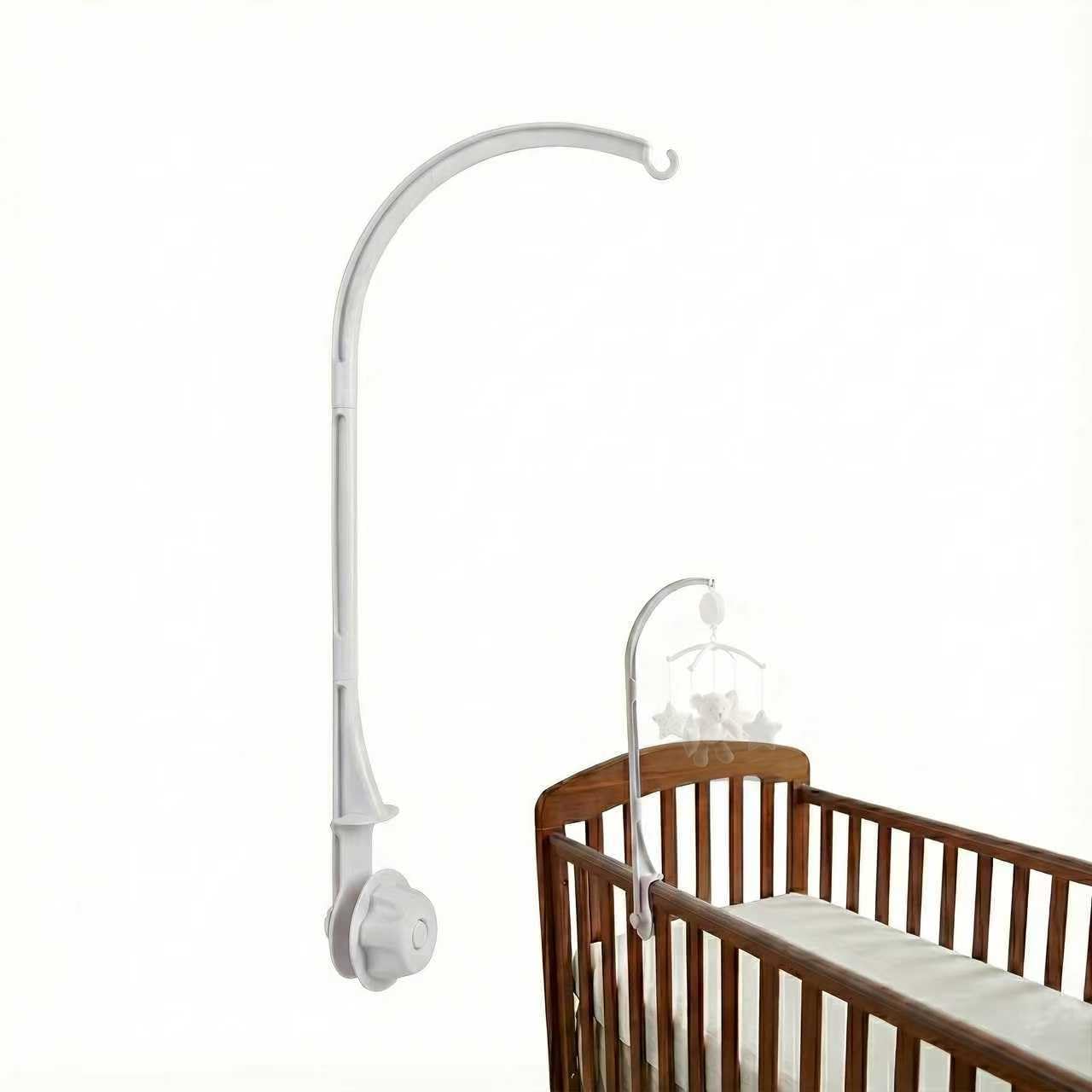 Crib mobile arm 26 inch white front view with secure rail mounting that reduces wobble.