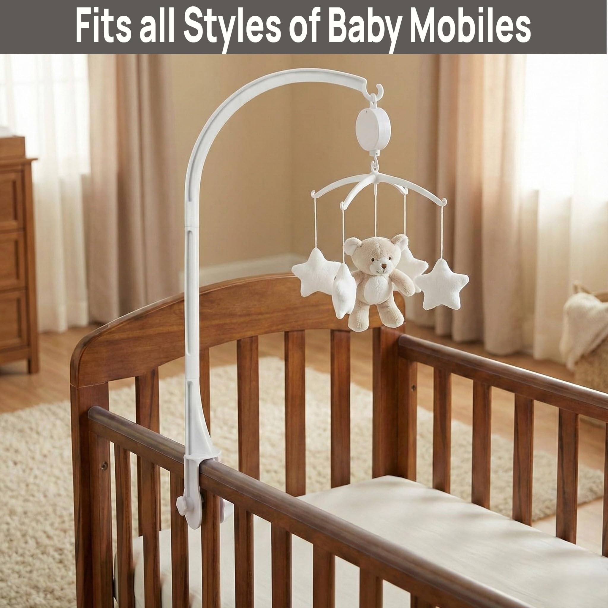 Crib mobile arm 26 inch white side view showing clean, compact design.