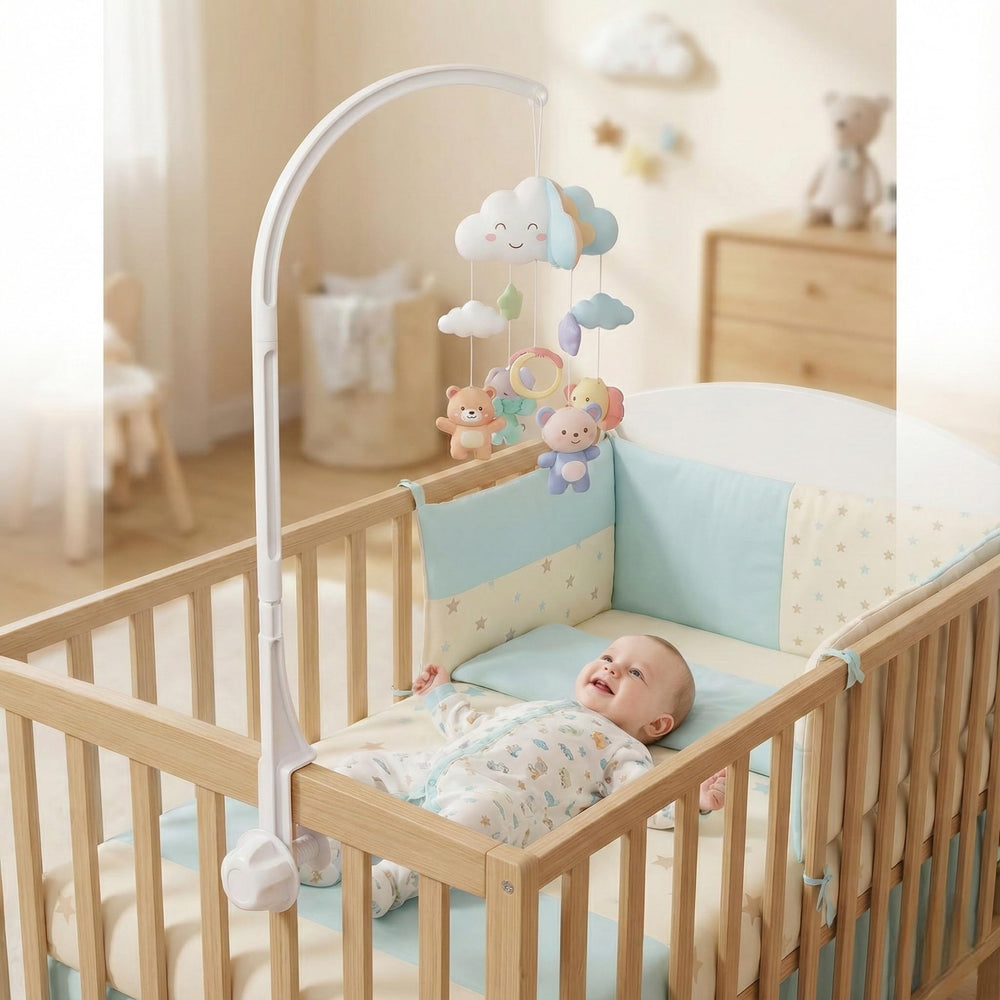 Crib mobile arm lightweight design ideal for travel and easy storage.