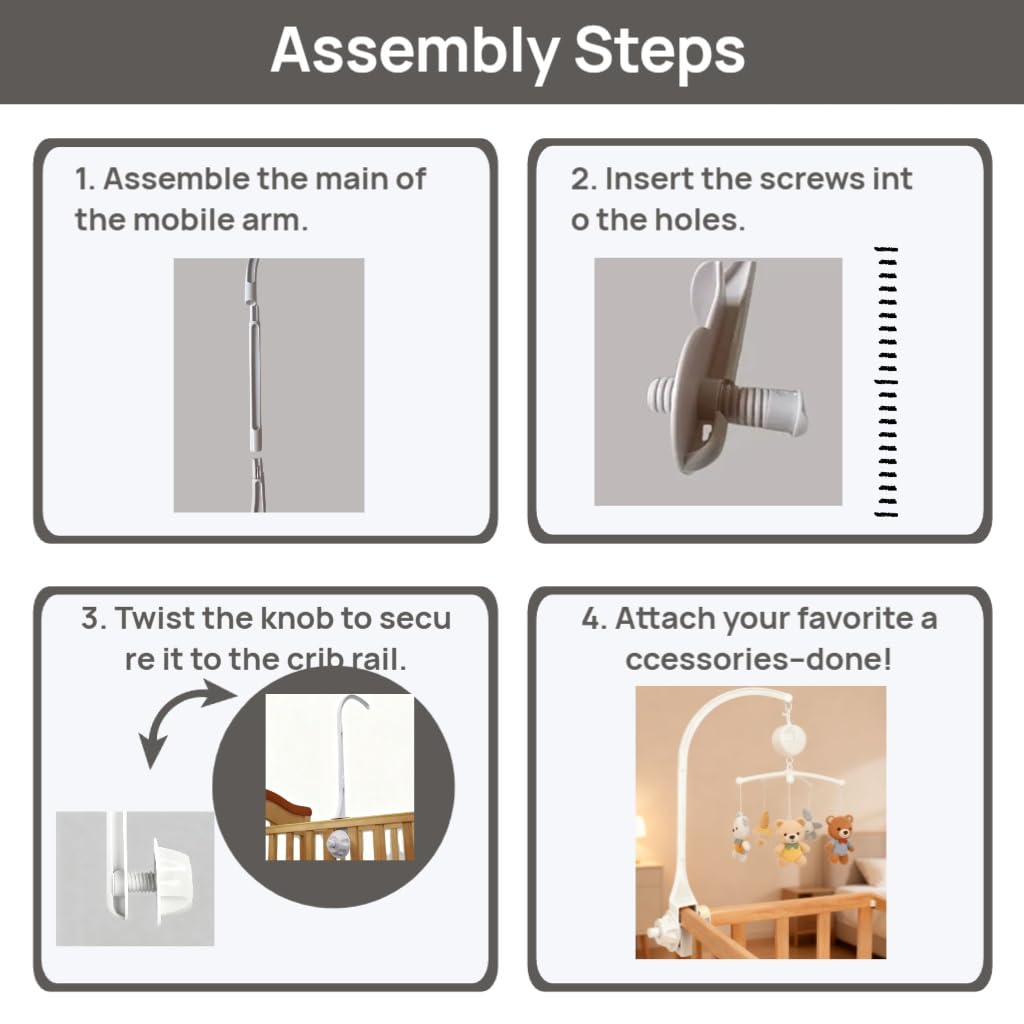 Crib mobile arm snap-fit assembly demonstrating tool-free setup process.