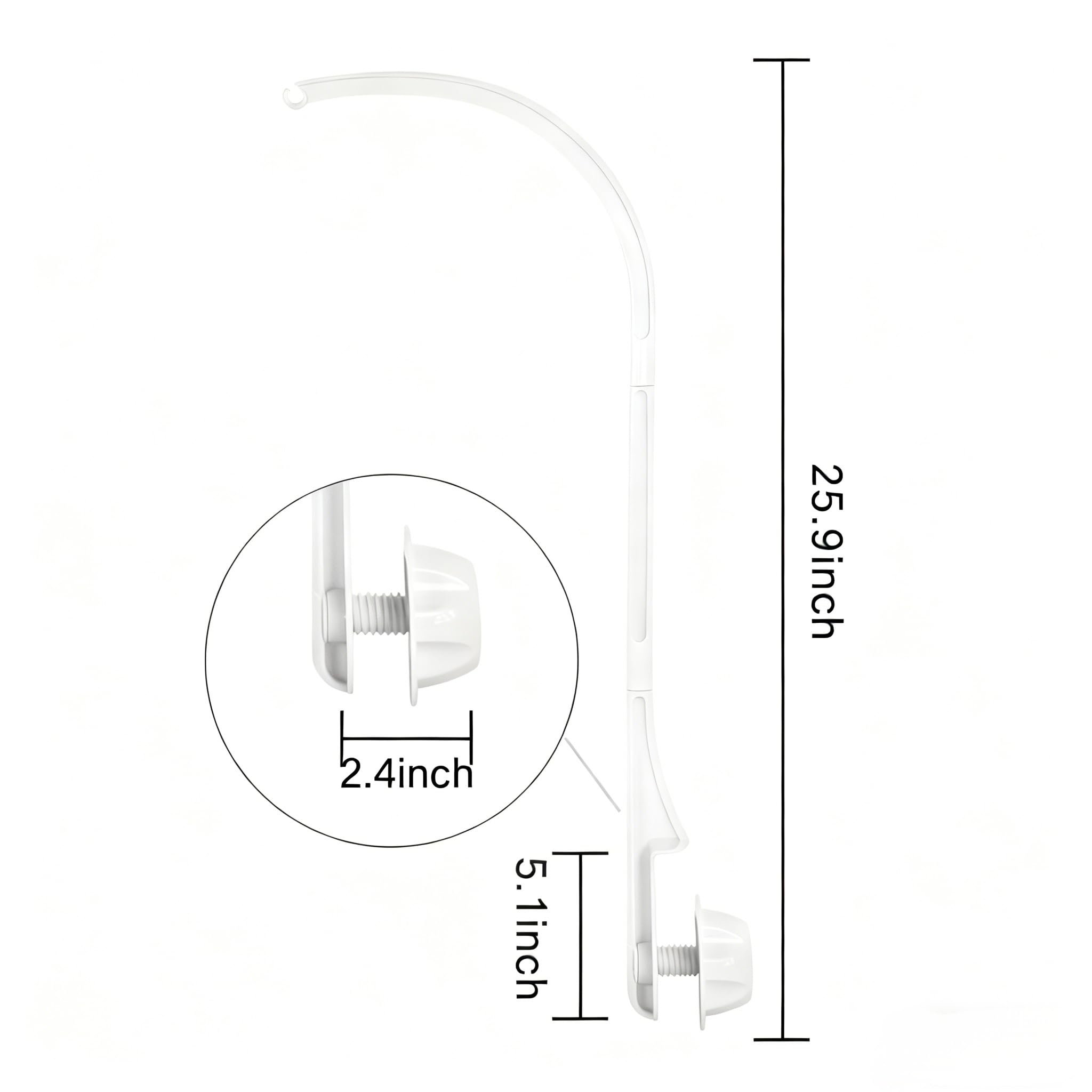 Crib mobile arm in white alongside crib and bassinet for versatile compatibility.