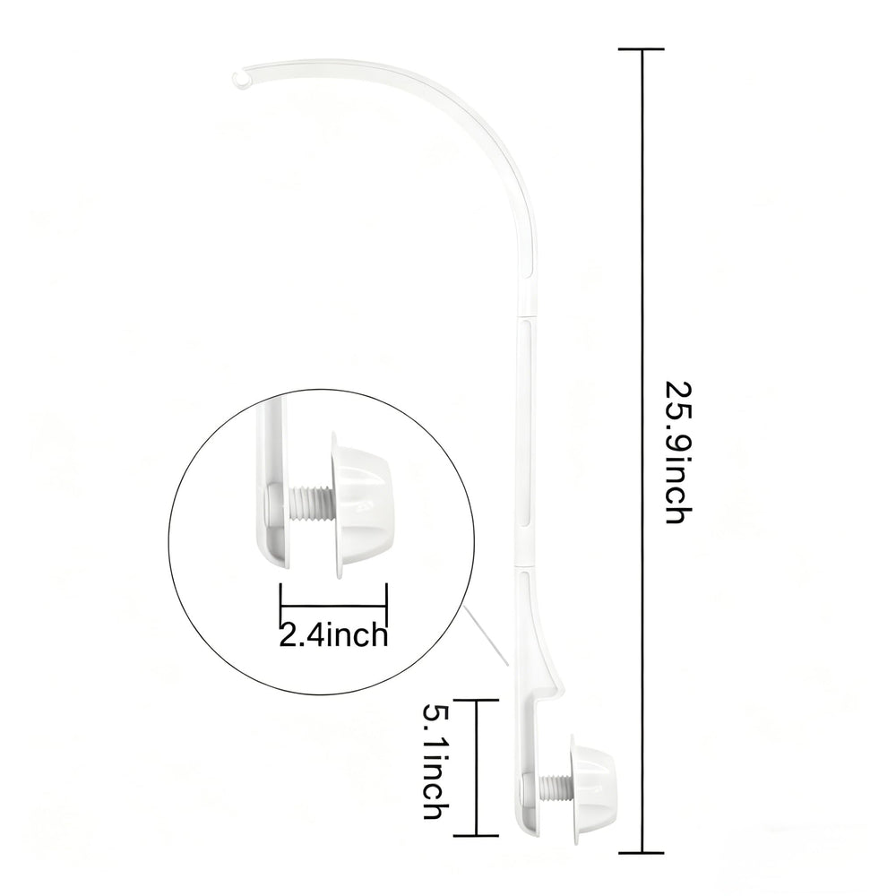 Crib mobile arm in white alongside crib and bassinet for versatile compatibility.