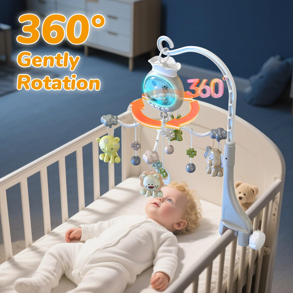 Detachable rattles on Crib Mobile offer textured teething options.